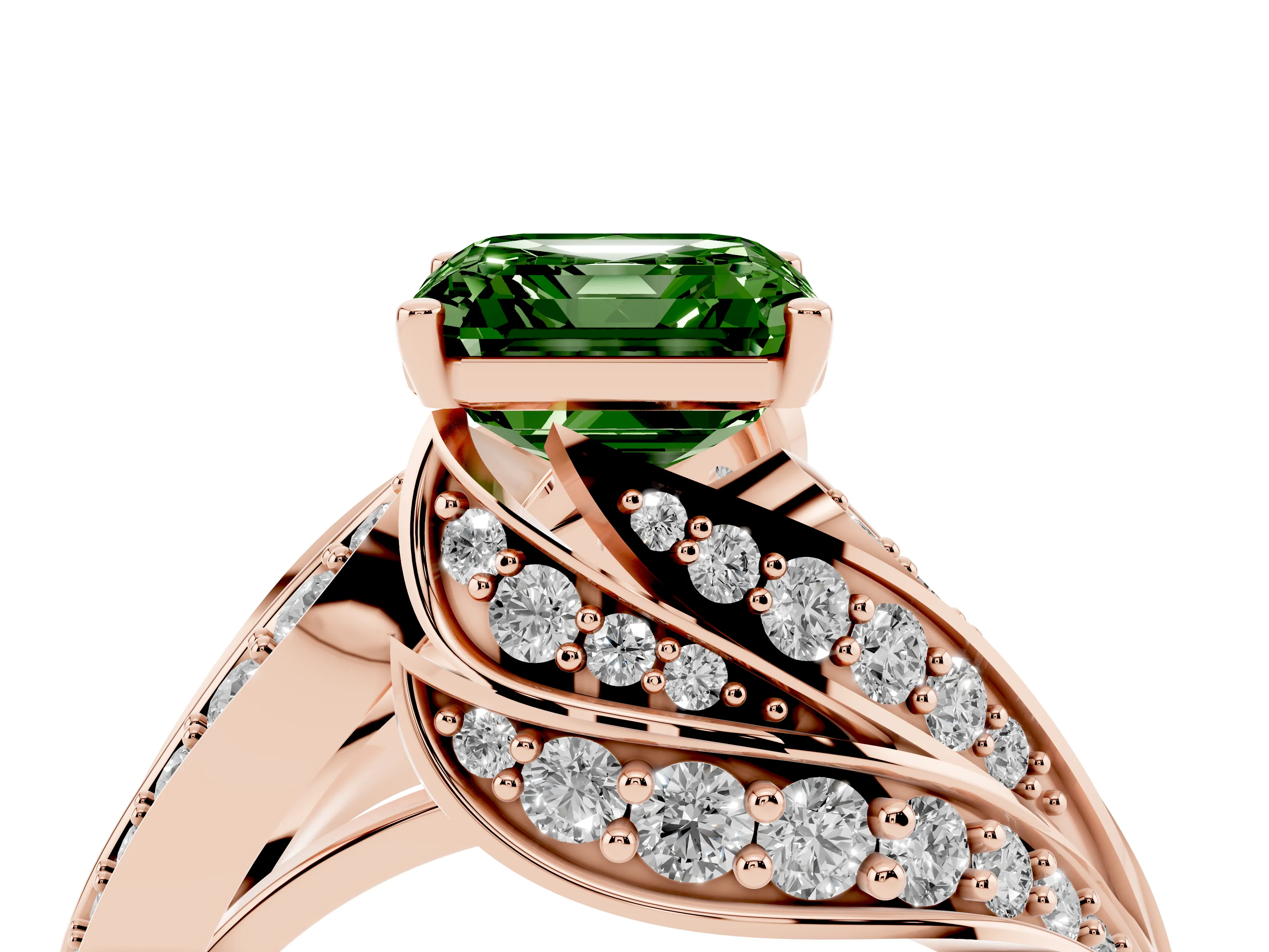 Fancy Green Asscher Cut Diamond Solitaire Ring Set in Rose gold with Layered Twist Pavé Band