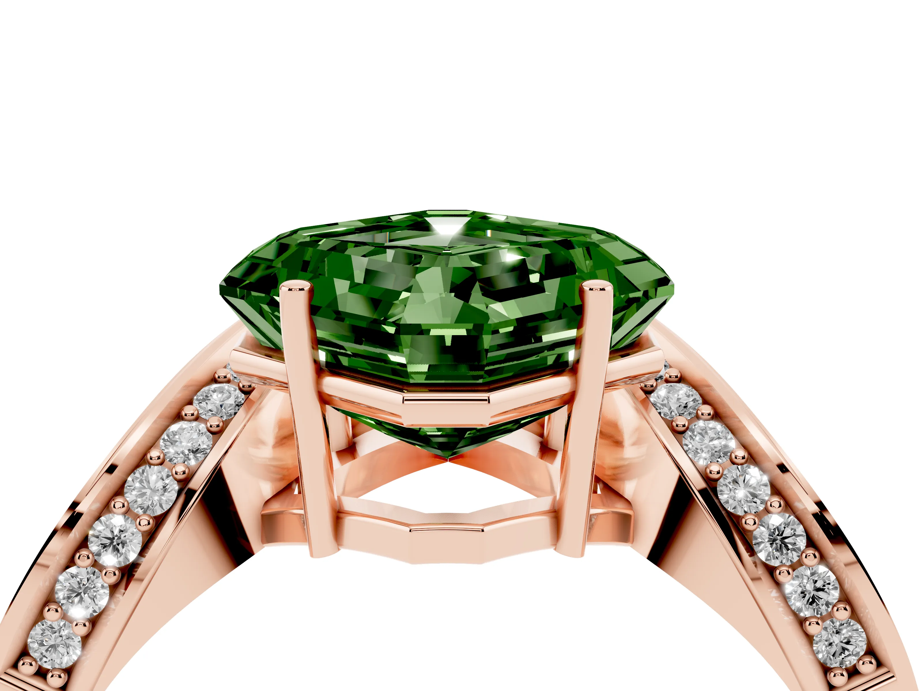 Fancy Green Asscher Cut Diamond Solitaire Engagement Ring Set in Rose gold with Pavé Shoulders