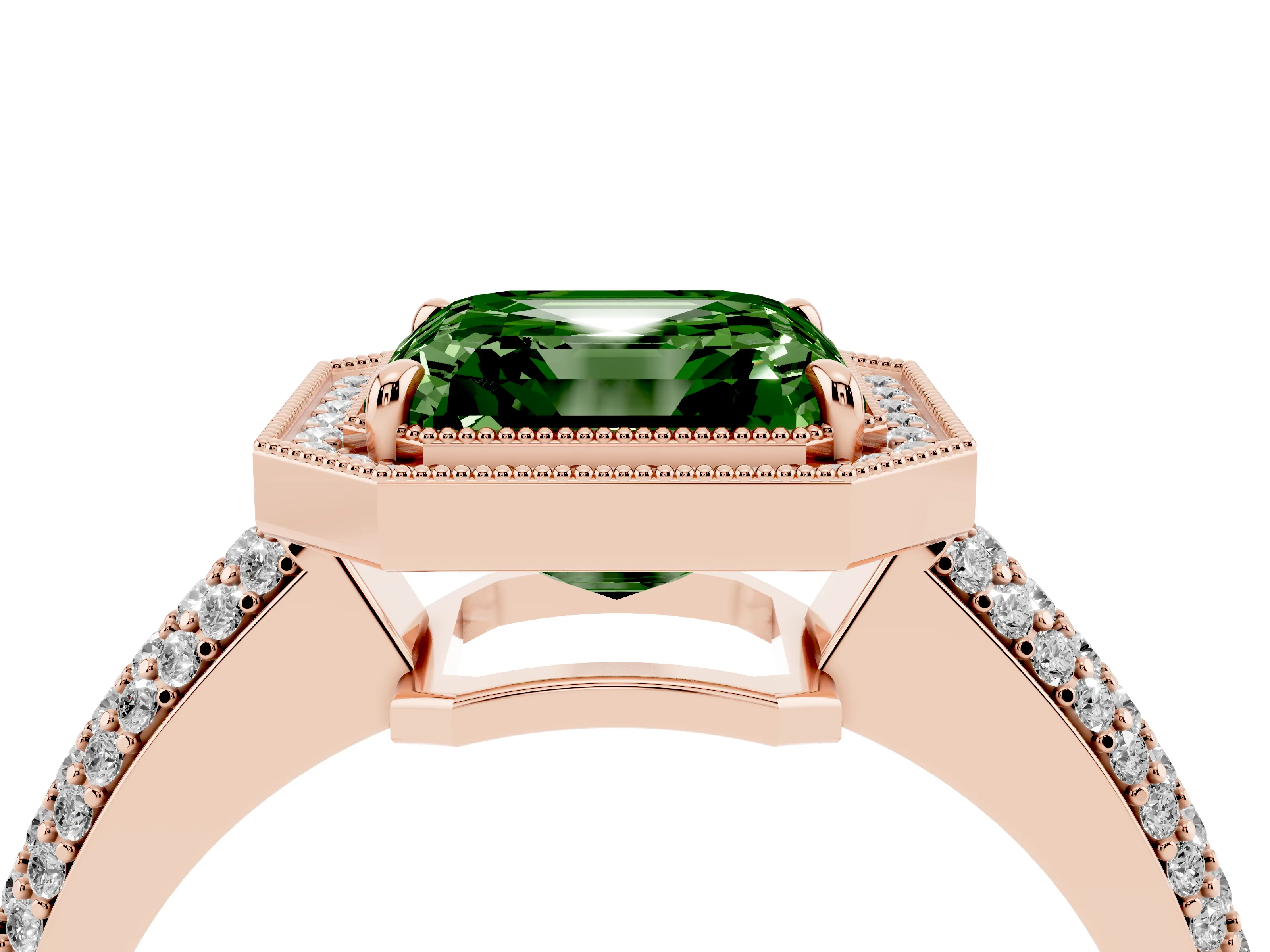 Fancy Green Asscher Cut Diamond Halo Pavé Band Set in Rose gold with Prong Setting