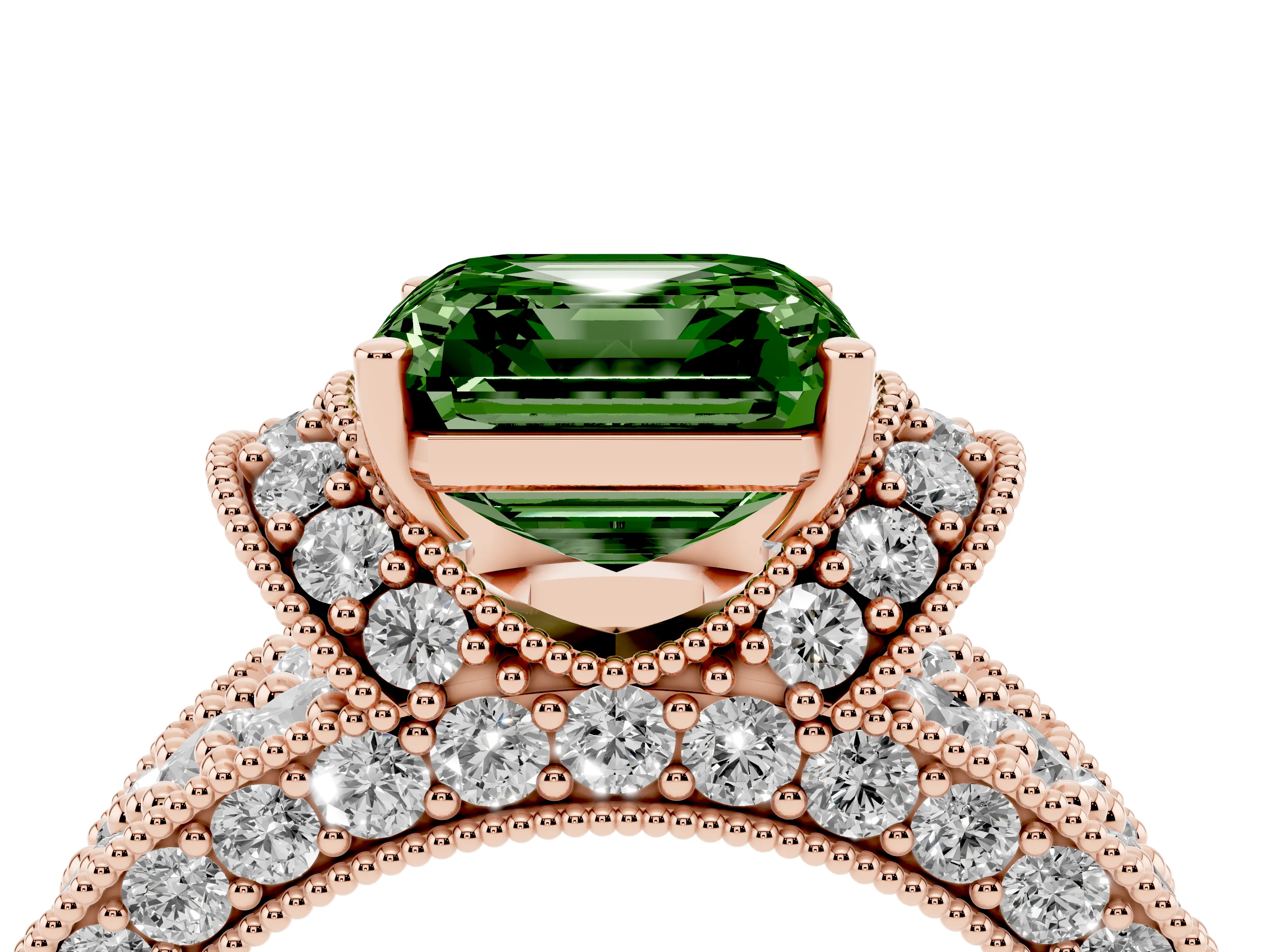 Fancy Green Asscher Cut Diamond Milgrain Halo Pavé Engagement Ring Set in Rose gold with Prong Setting