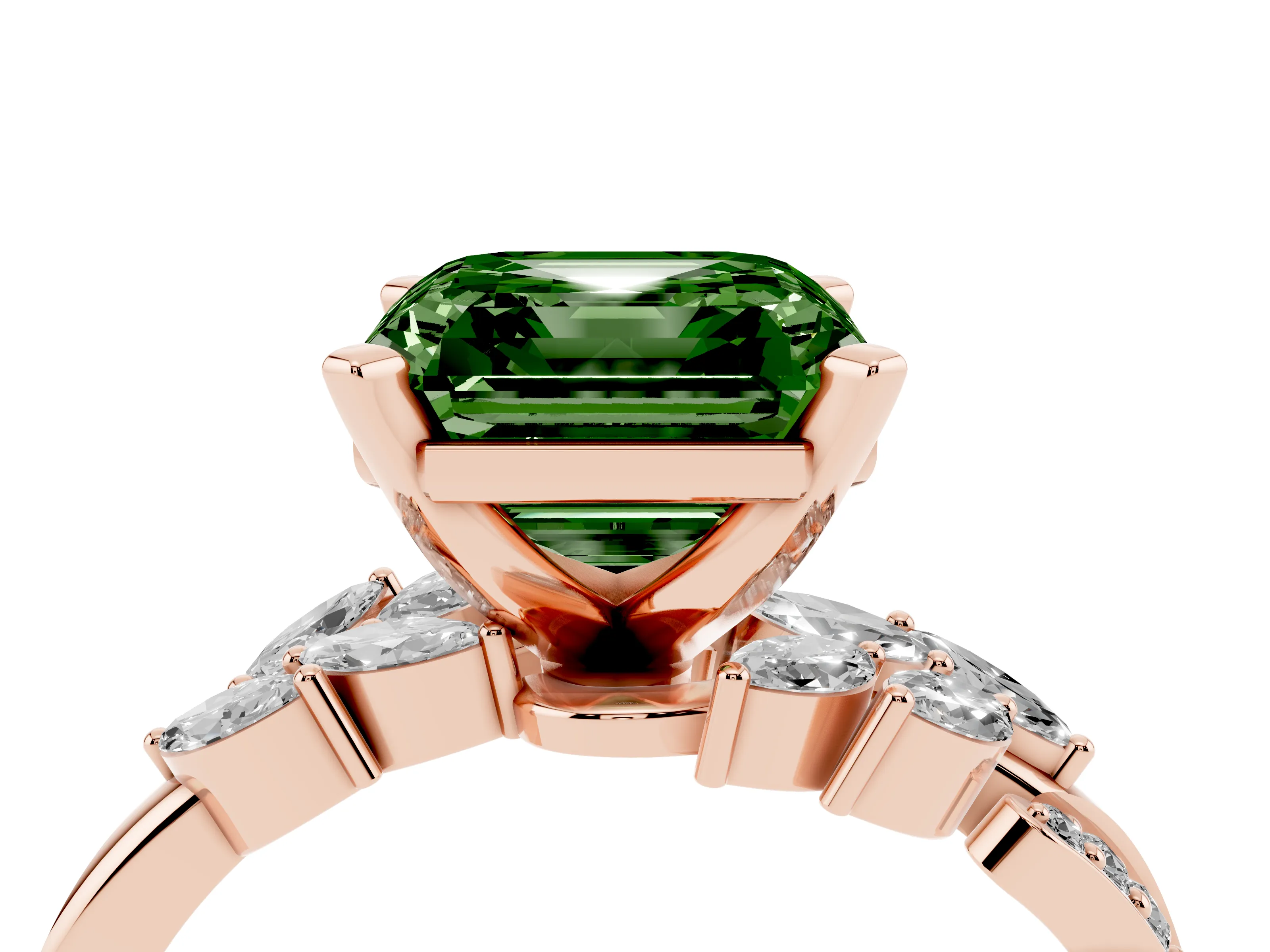 Fancy Green Asscher Cut Diamond Solitaire Ring Set in Rose gold with Marquise Twist Band and Prong Setting