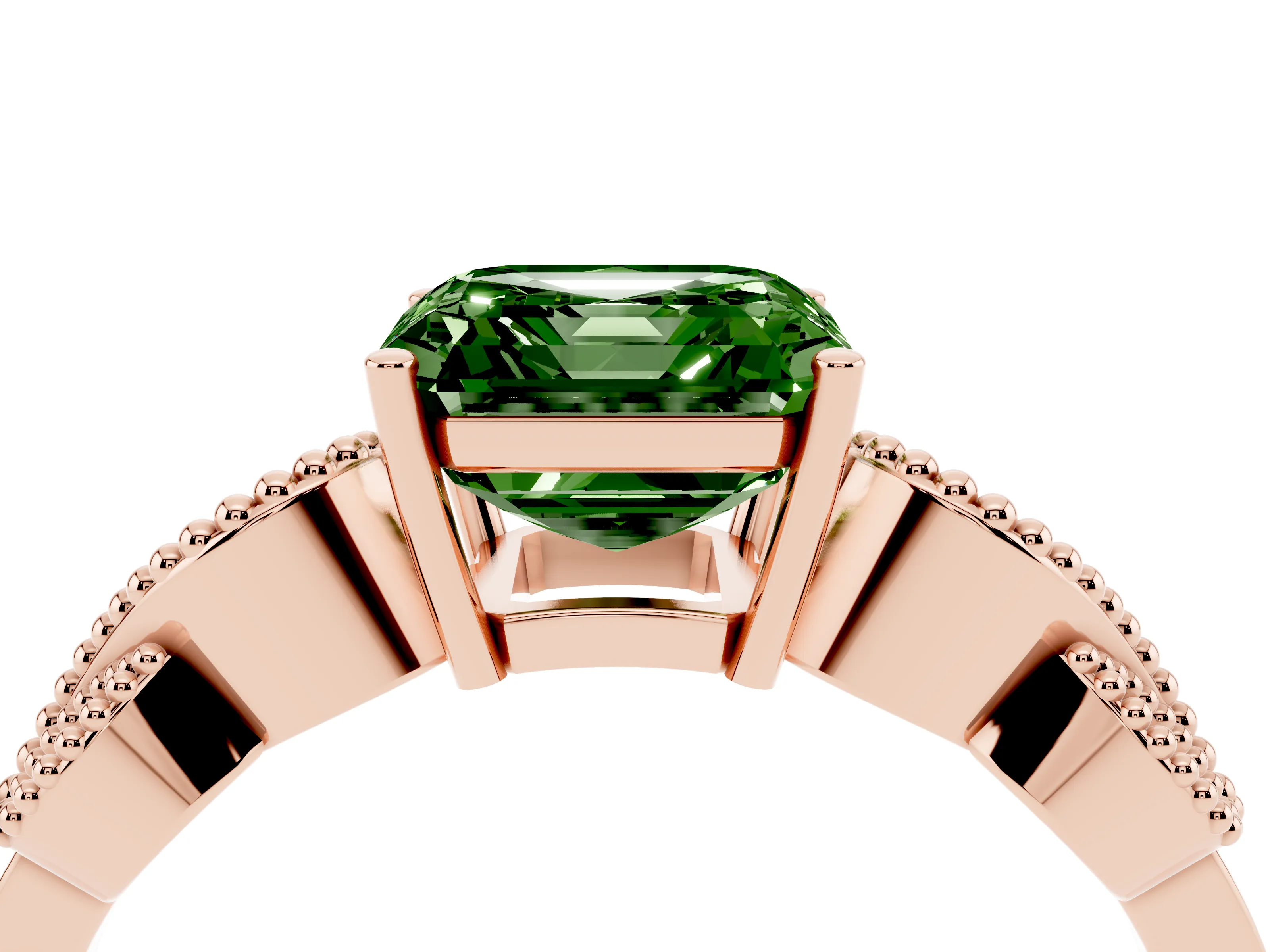 Fancy Green Asscher Cut Diamond Milgrain Leaf Band Solitaire Ring Set in Rose gold with Accent Stones and Prong Setting