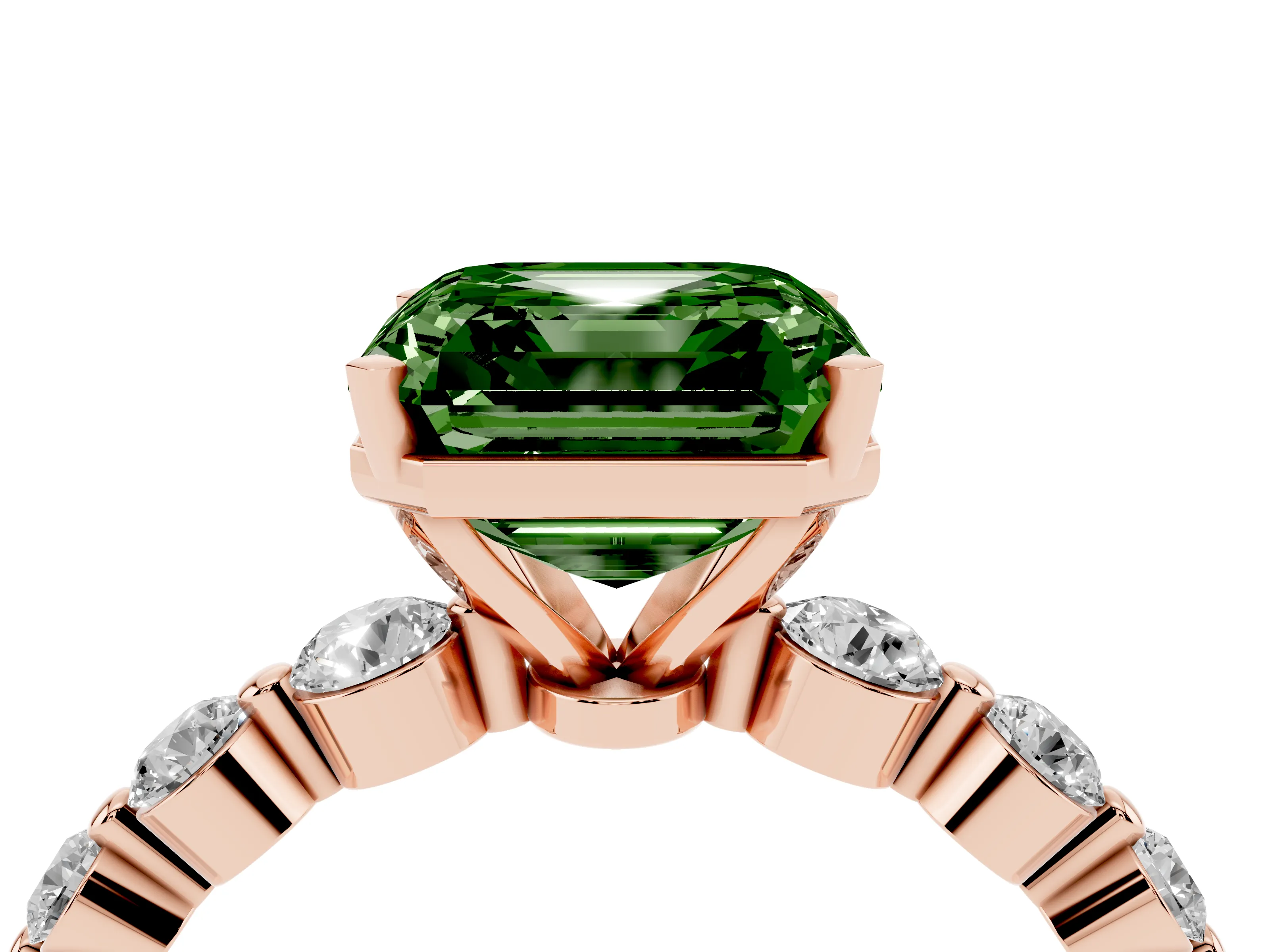 Fancy Green Asscher Cut Diamond Solitaire Ring Set in Rose gold with Pavé Band and Prong Setting
