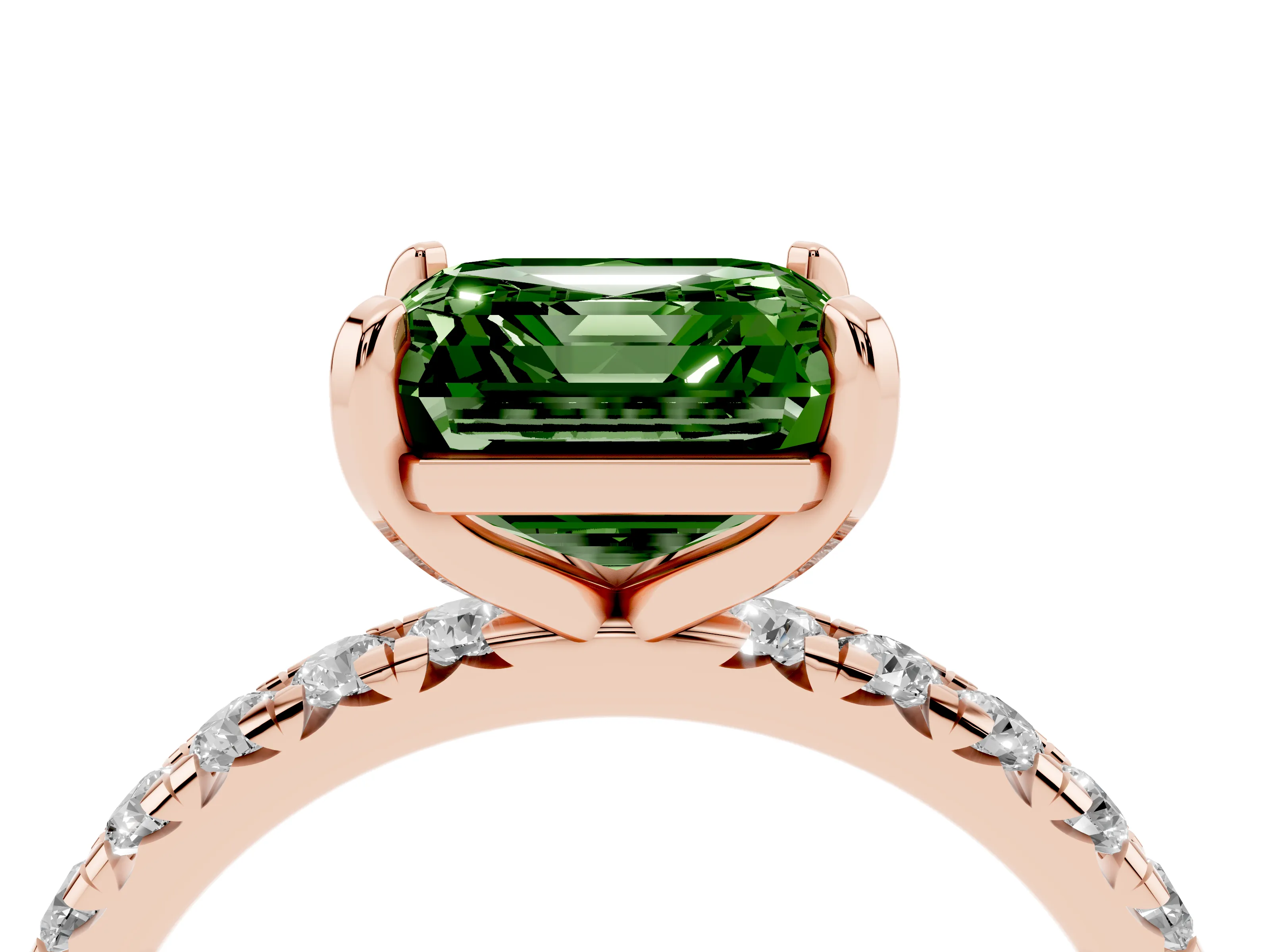 Fancy Green Asscher Cut Diamond Pavé Solitaire Ring Set in Rose gold with Round Band and Prong Setting