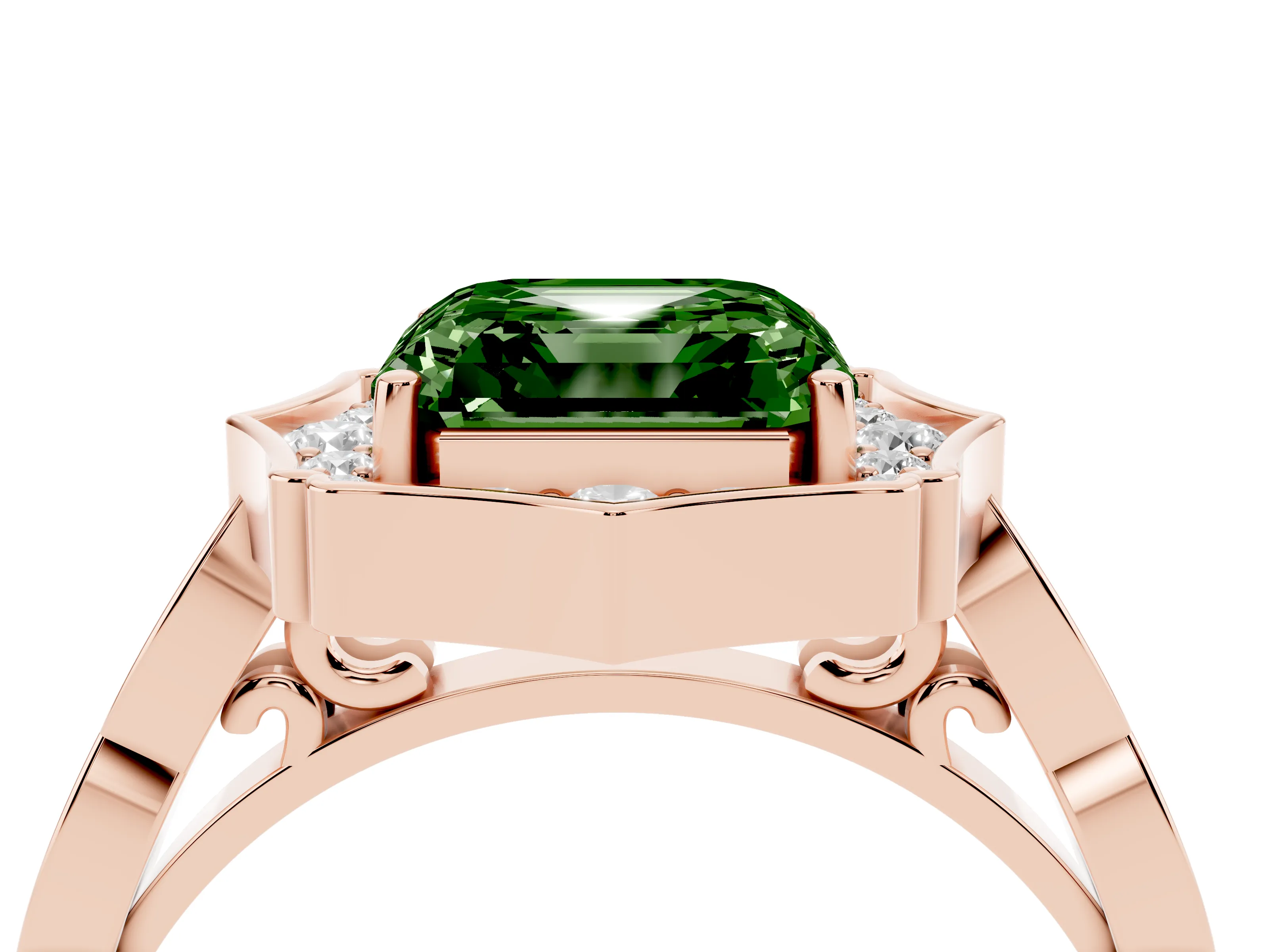 Fancy Green Asscher Cut Diamond Halo Engagement Ring Set in Rose gold with Milgrain Band and Prong Setting