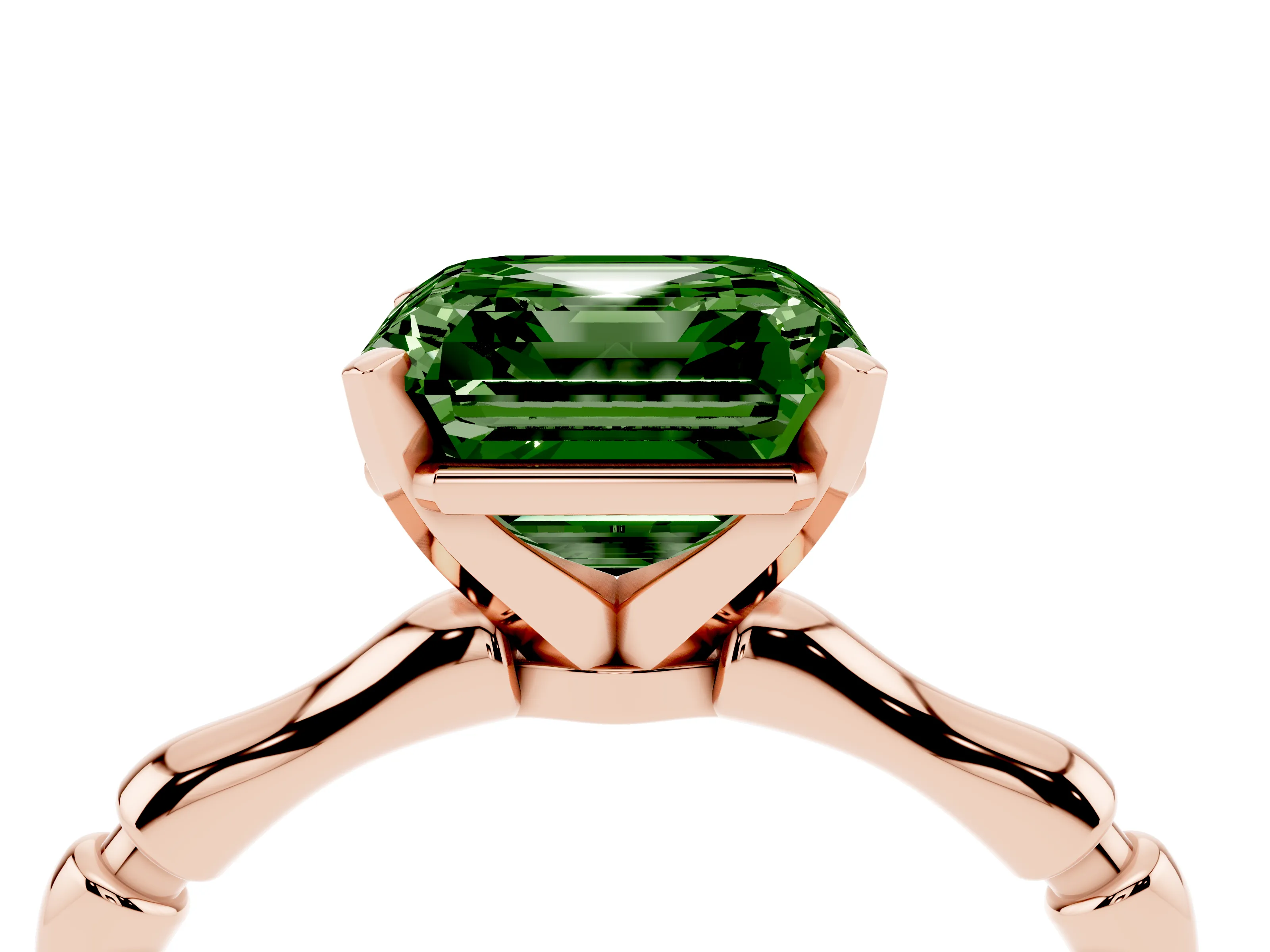 Fancy Green Asscher Cut Diamond Solitaire Ring Set in Rose gold with Bamboo Band and Prong Setting