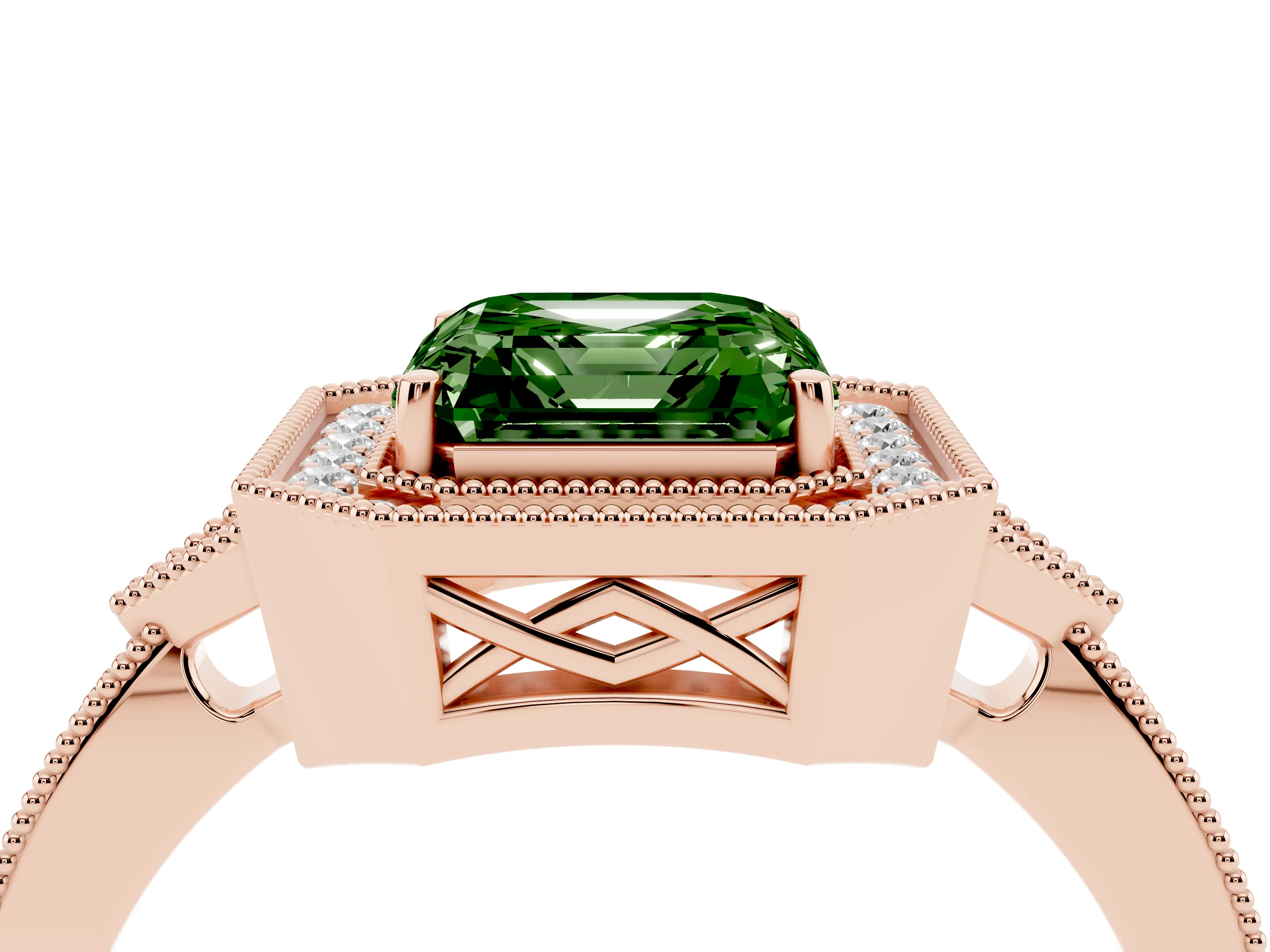 Fancy Green Asscher Cut Diamond Halo Engagement Ring Set in Rose gold with Milgrain Pavé Band