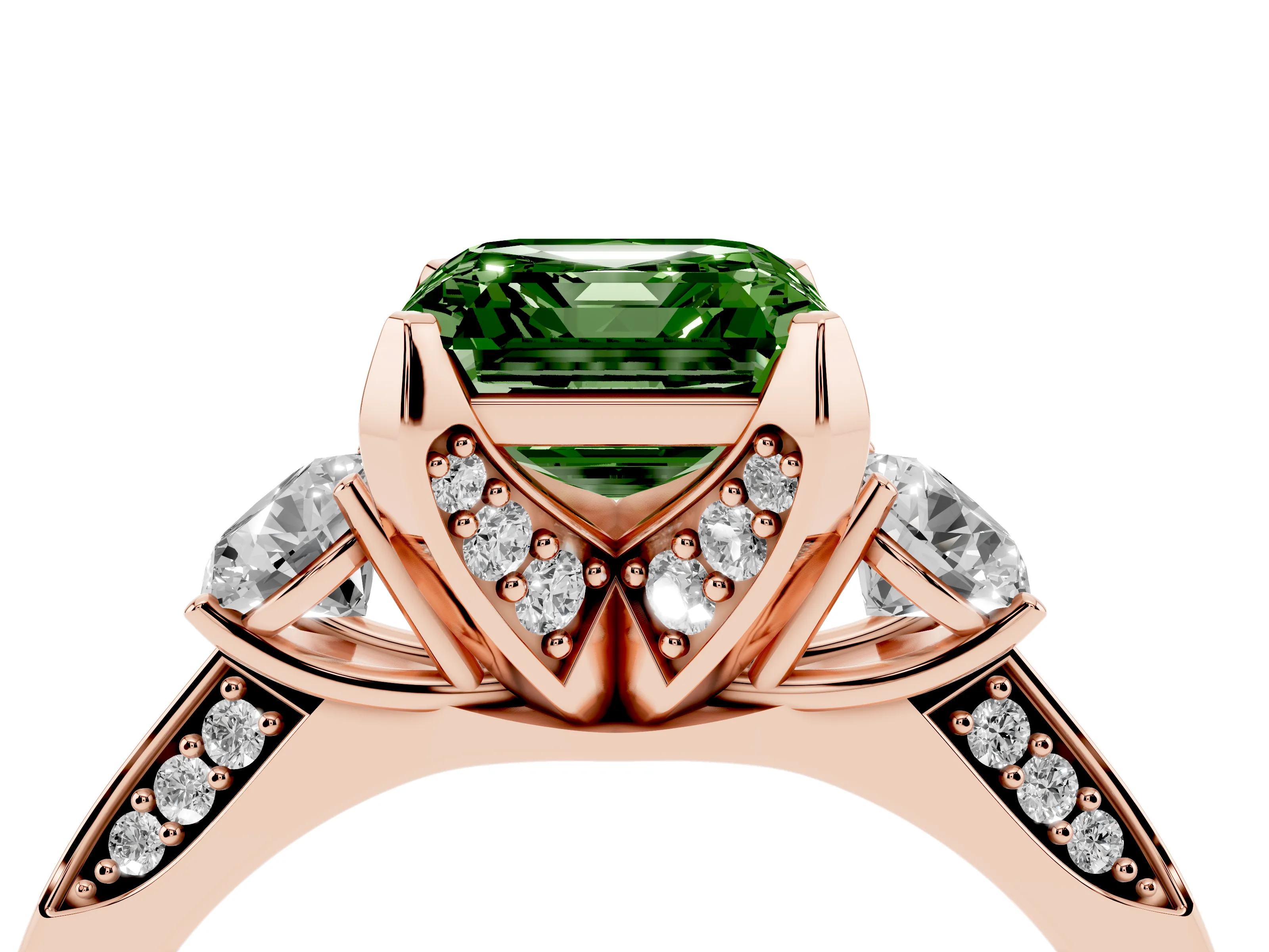 Fancy Green Asscher Cut Diamond Three-Stone Ring Set in Rose gold with Pavé Band and Smaller Side Stones