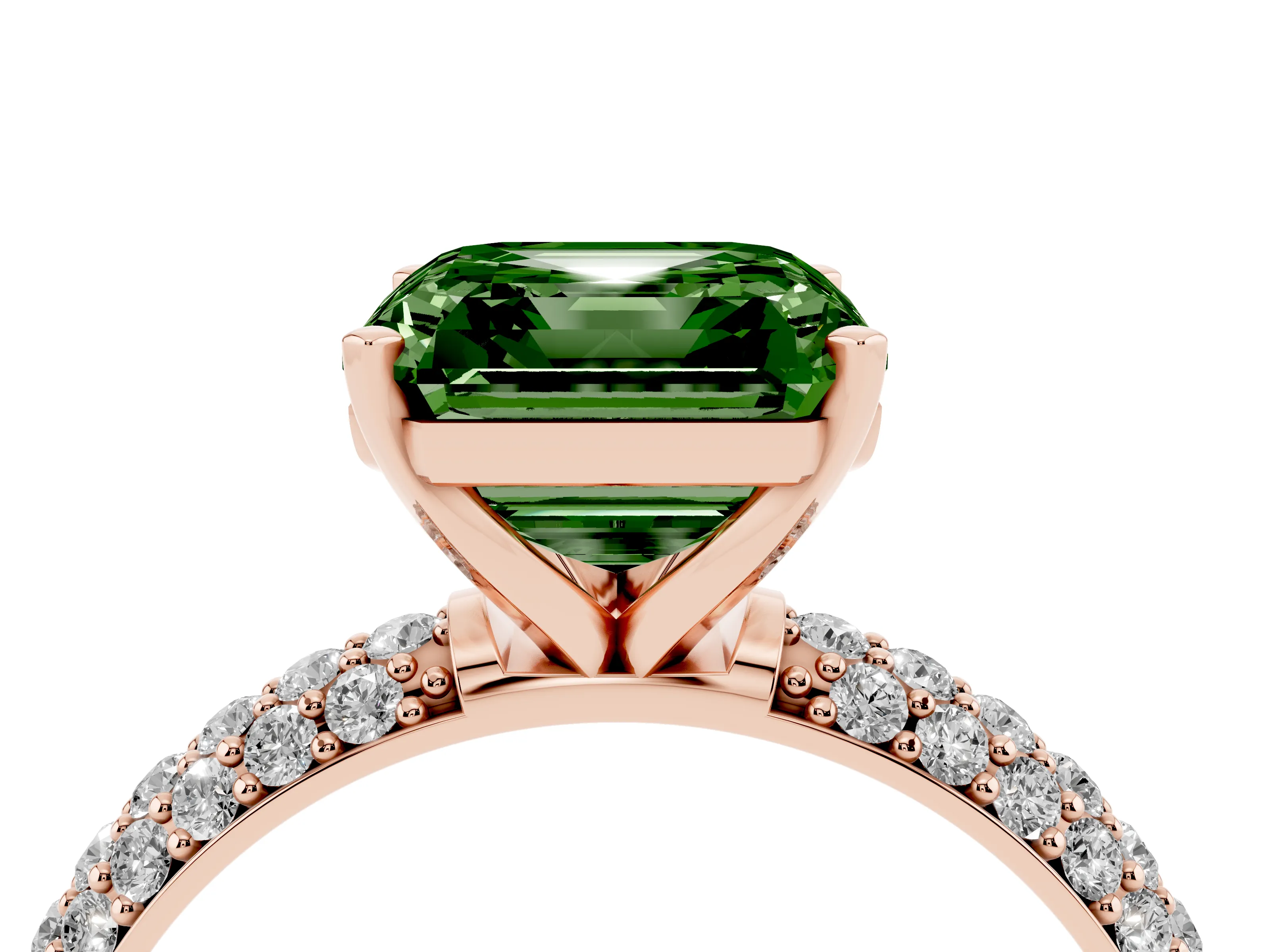 Fancy Green Asscher Cut Diamond Solitaire Ring Set in Rose gold with Prong Setting and Pavé-Set Band