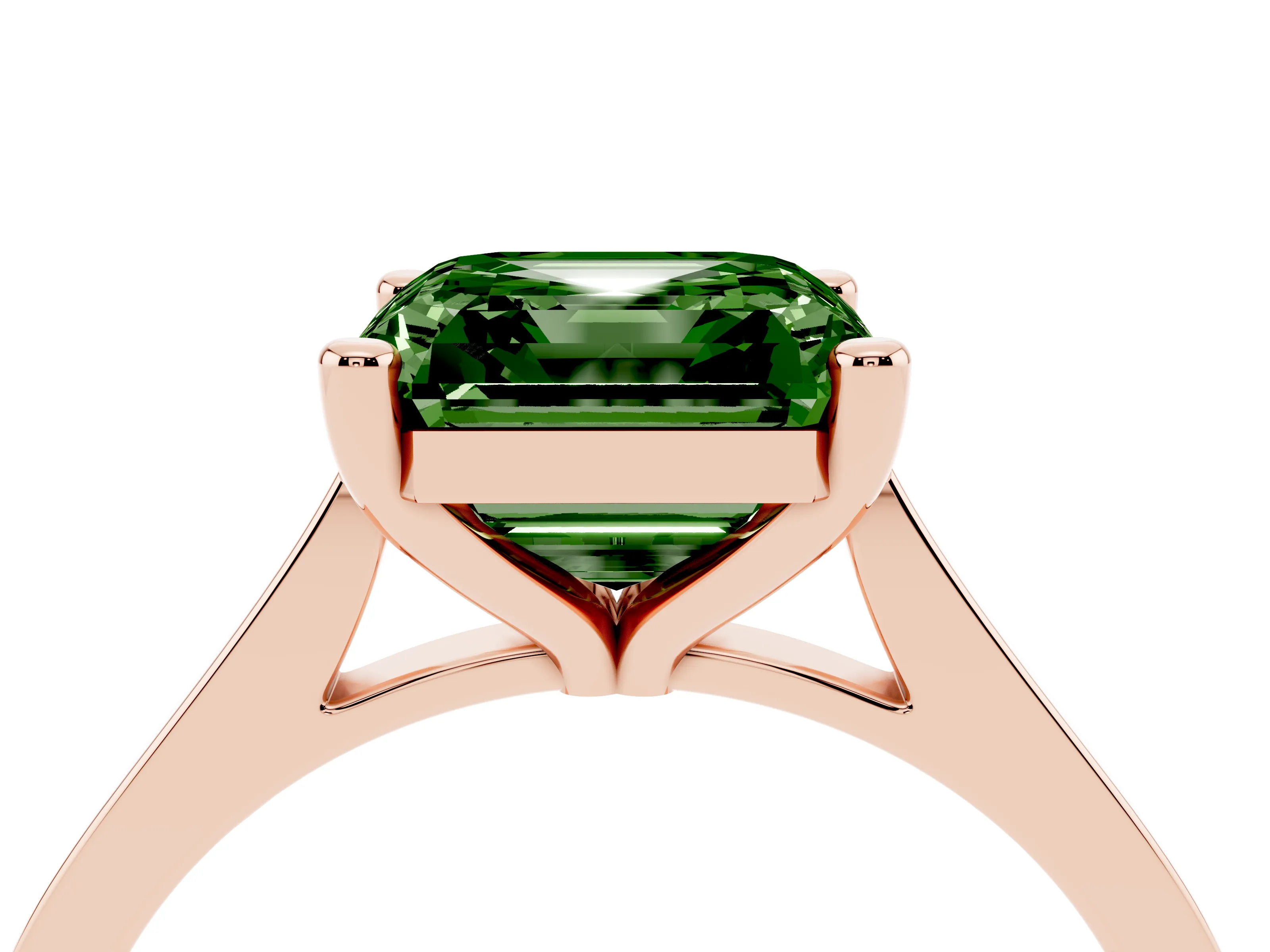 Fancy Green Asscher Cut Diamond Solitaire Ring Set in Rose gold with Prong Setting and Tapered Band