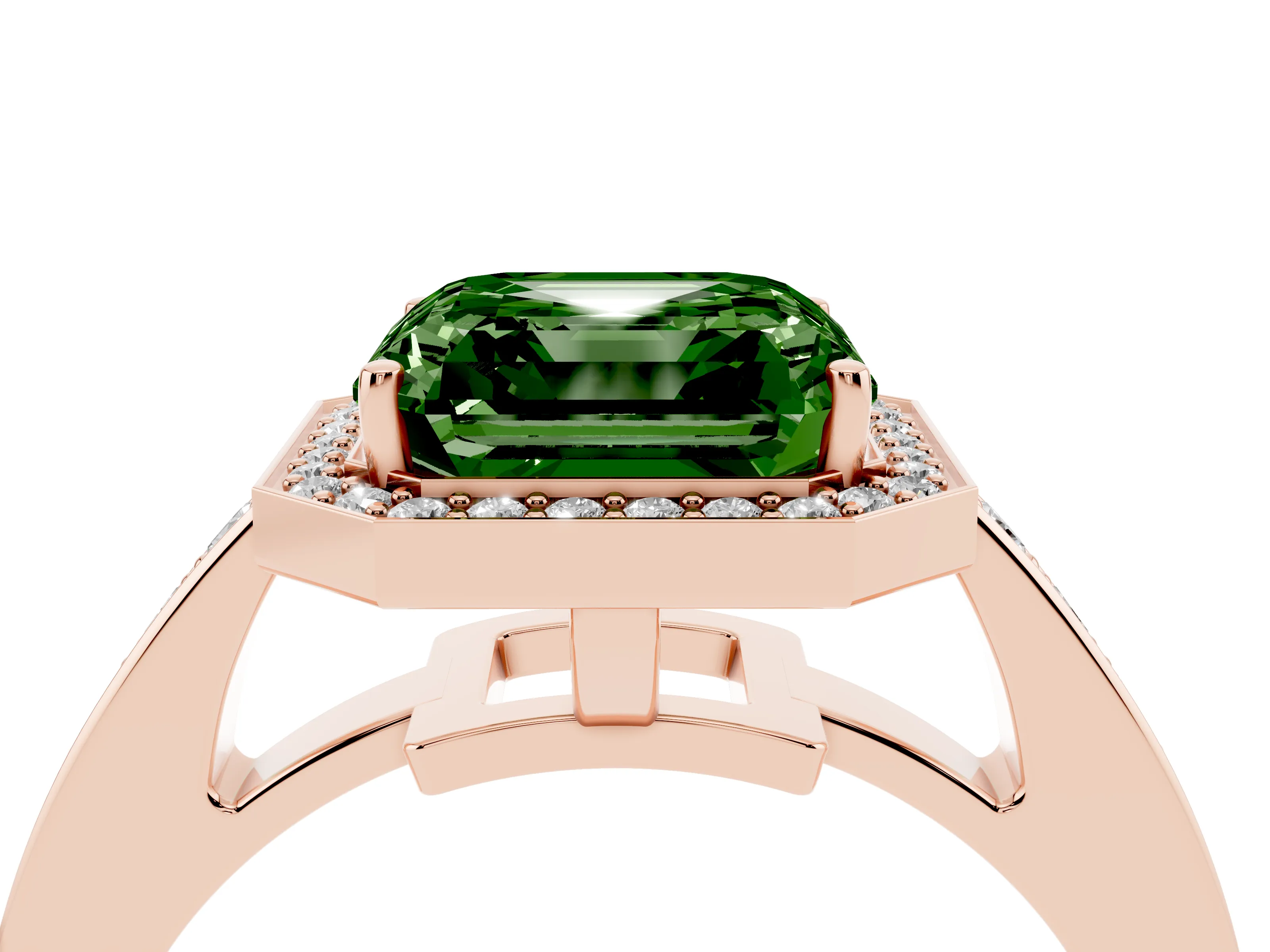 Fancy Green Asscher Cut Diamond Halo Pavé Engagement Ring Set in Rose gold with Bezel Setting
