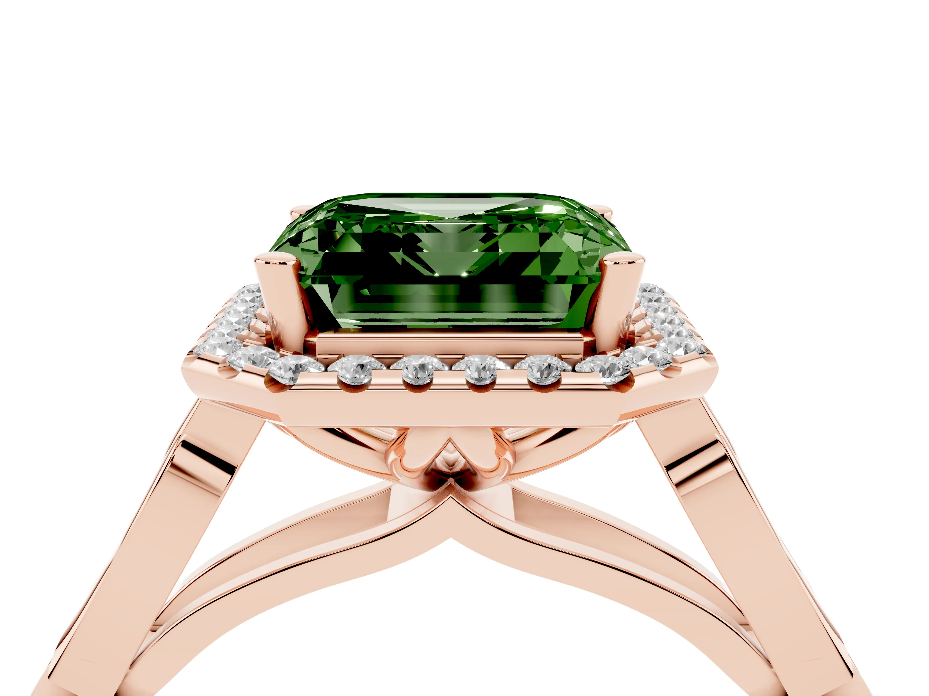 Fancy Green Asscher Cut Diamond Halo Engagement Ring Set in Rose gold with Filigree Band and Prong-Set Center