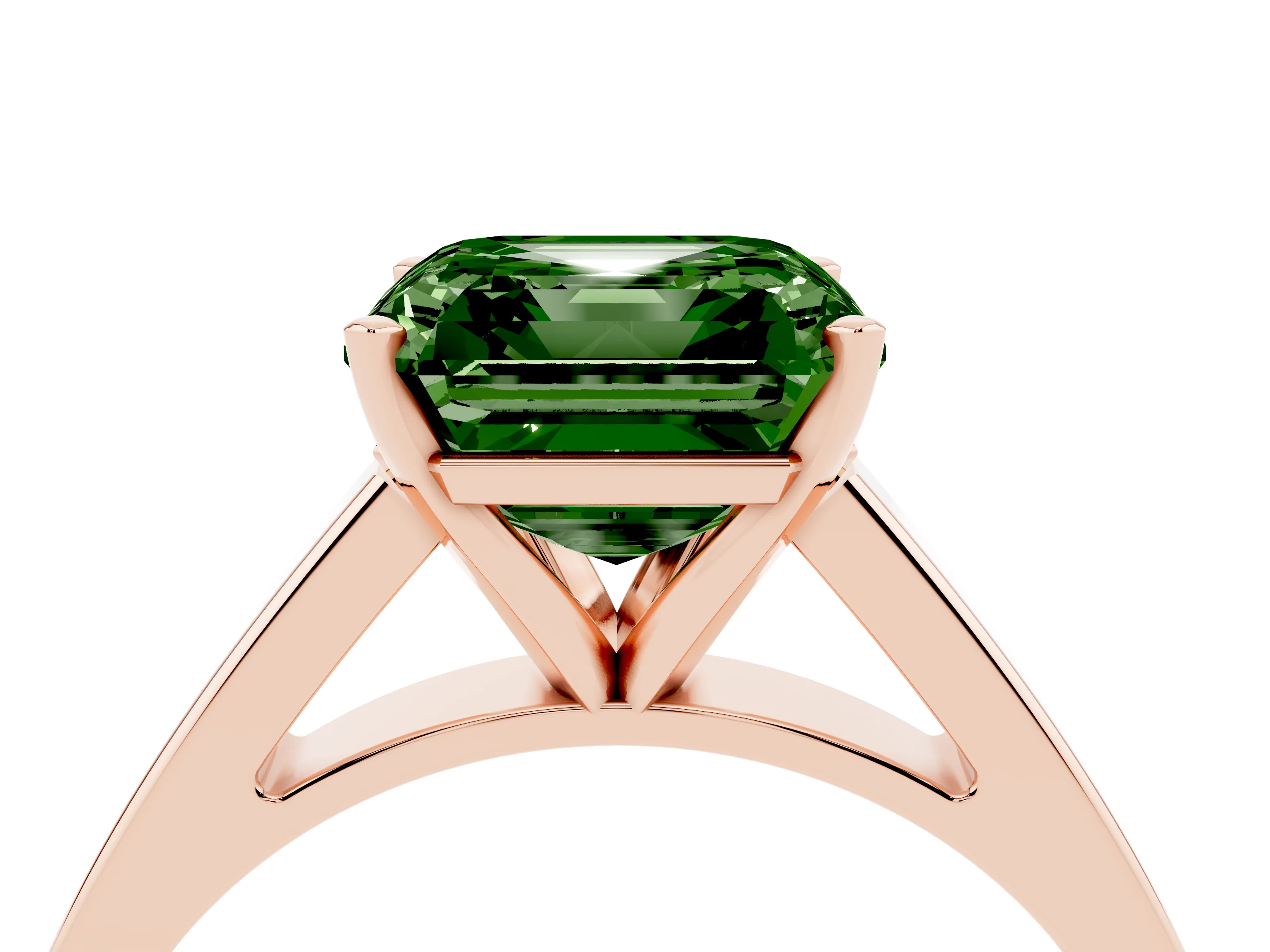 Fancy Green Asscher Cut Diamond Solitaire Engagement Ring Set in Rose gold with Prong Setting and Tapered Band