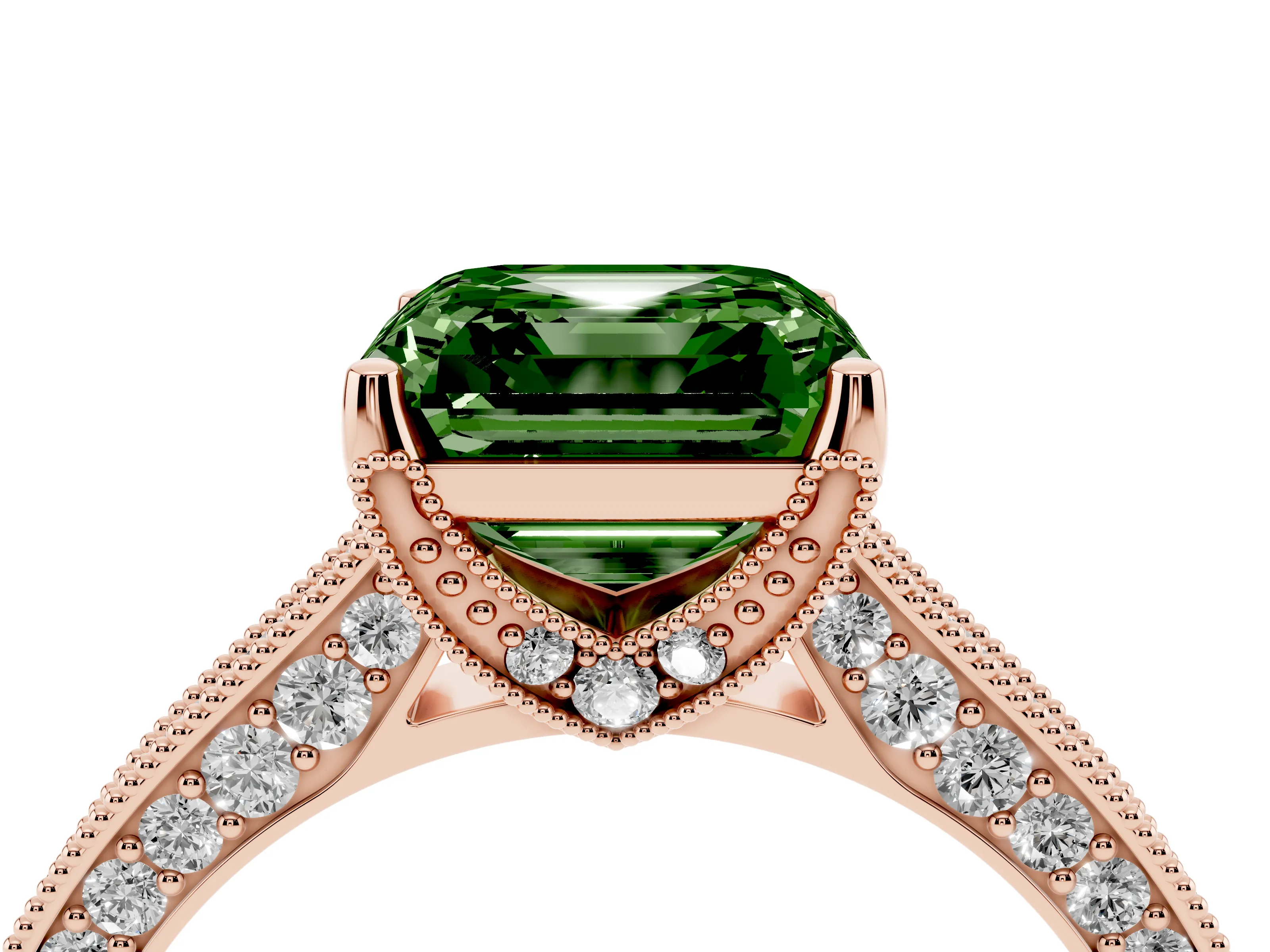 Fancy Green Asscher Cut Diamond Solitaire Ring Set in Rose gold with Milgrain-Edged Pavé Band and Prong Setting