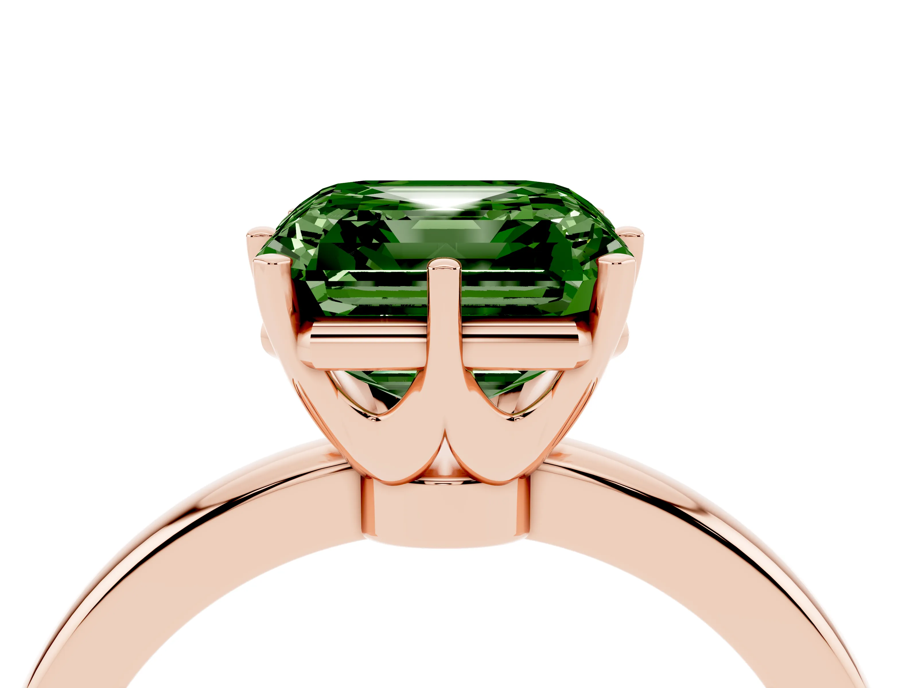 Fancy Green Asscher Cut Diamond Solitaire Ring Set in Rose gold with Raised Prong Setting on a Classic Band