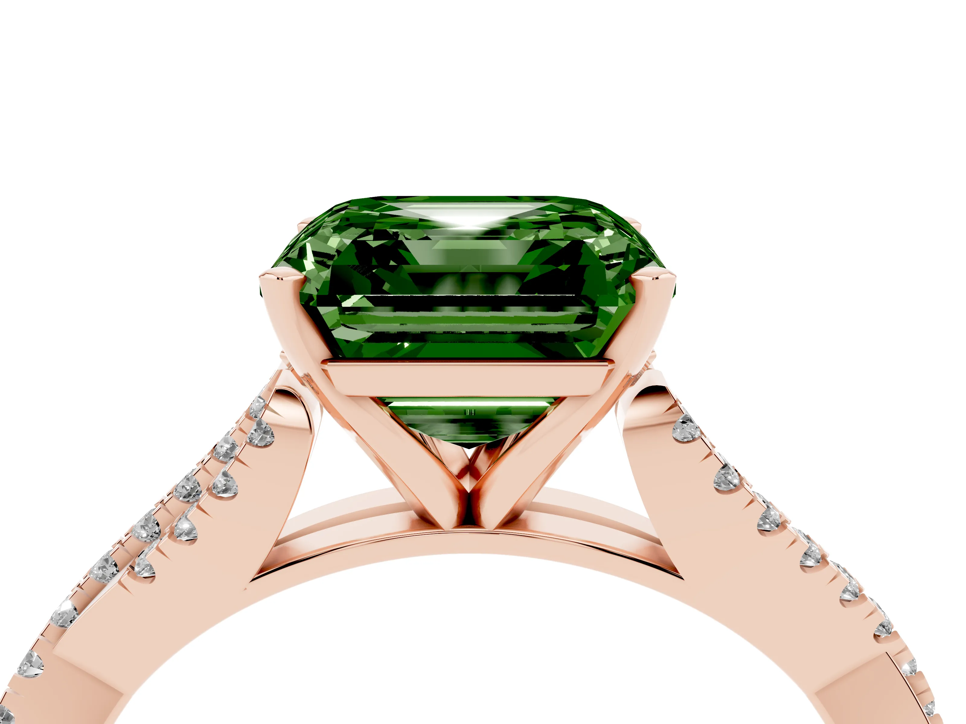 Fancy Green Asscher Cut Diamond Solitaire Engagement Ring Set in Rose gold with Twisted Pavé Band and Prong Setting