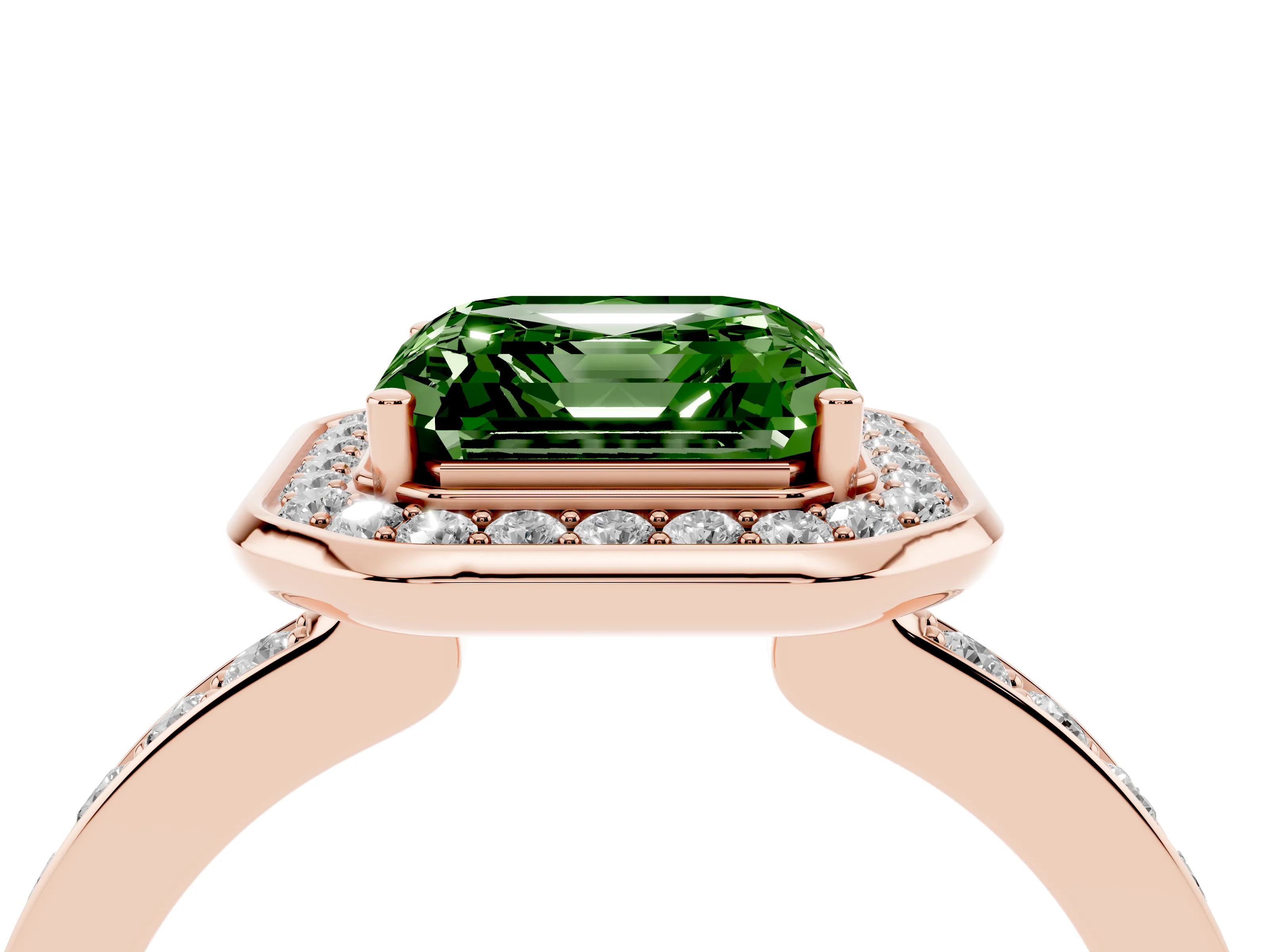 Fancy Green Asscher Cut Diamond Halo Ring Set in Rose gold with Bezel Frame and Pavé Band