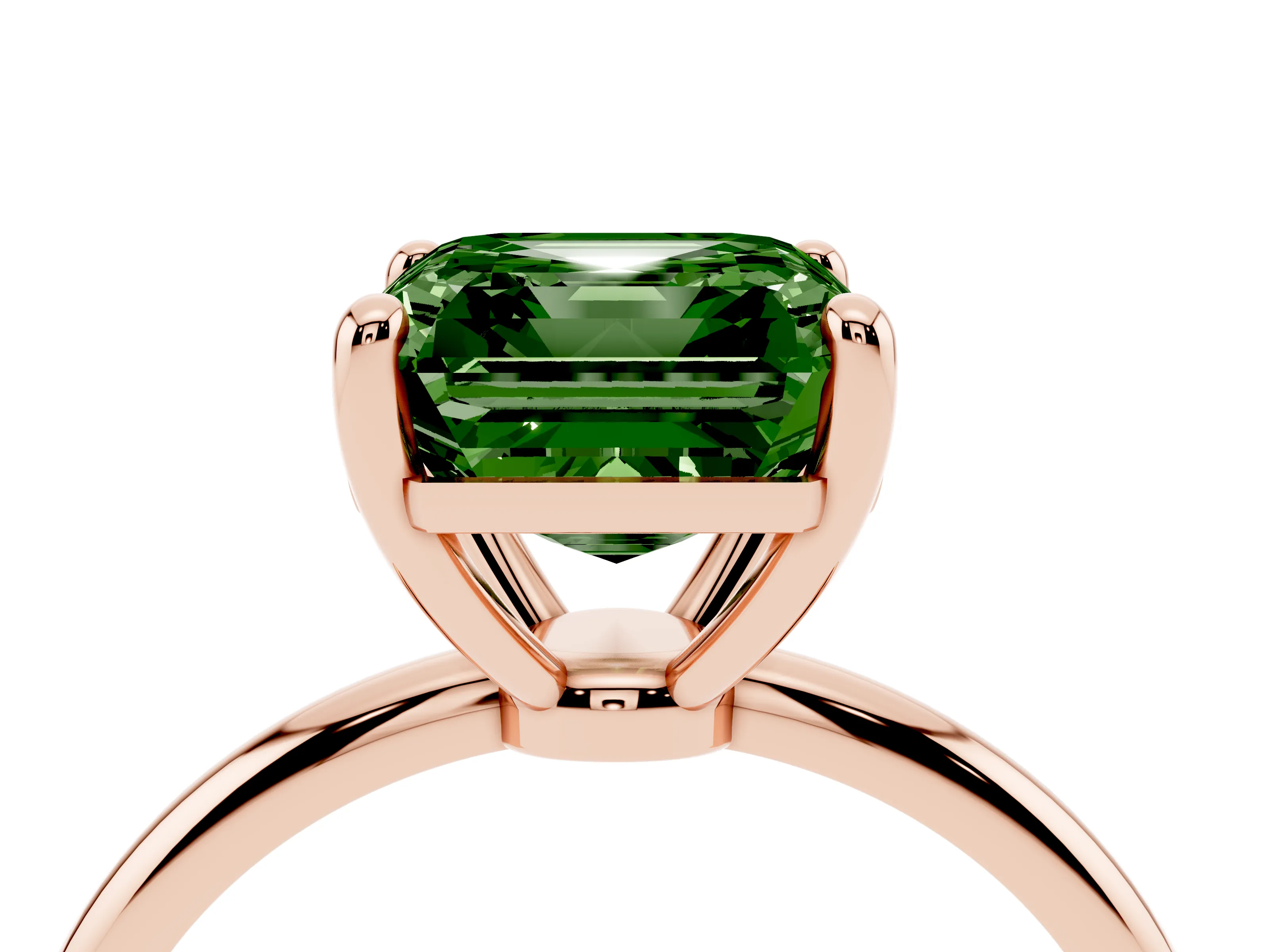 Fancy Green Asscher Cut Diamond Solitaire Ring Set in Rose gold with Secure Prong Setting on a Classic Band