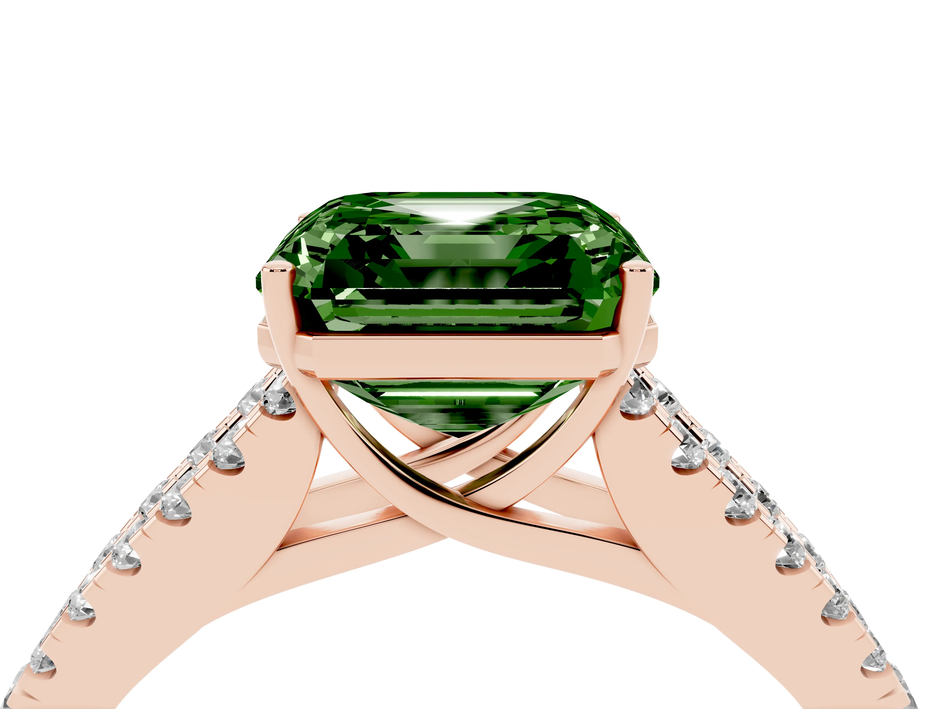 Fancy Green Asscher Cut Diamond Split Shank Engagement Ring Set in Rose gold with Round Pavé and Prong Setting