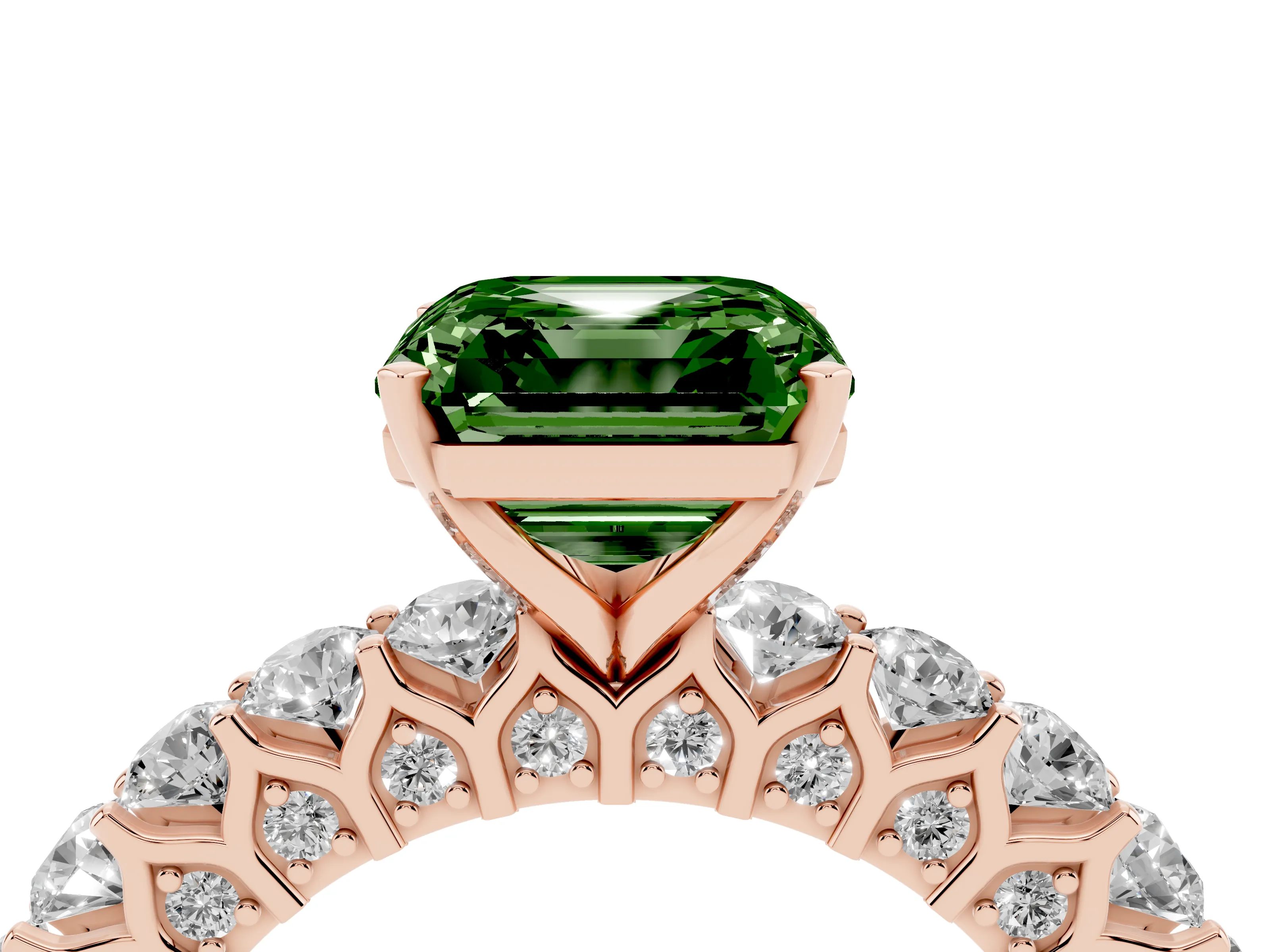 Fancy Green Asscher Cut Diamond Solitaire Ring Set in Rose gold with Shared Prong Pavé Band