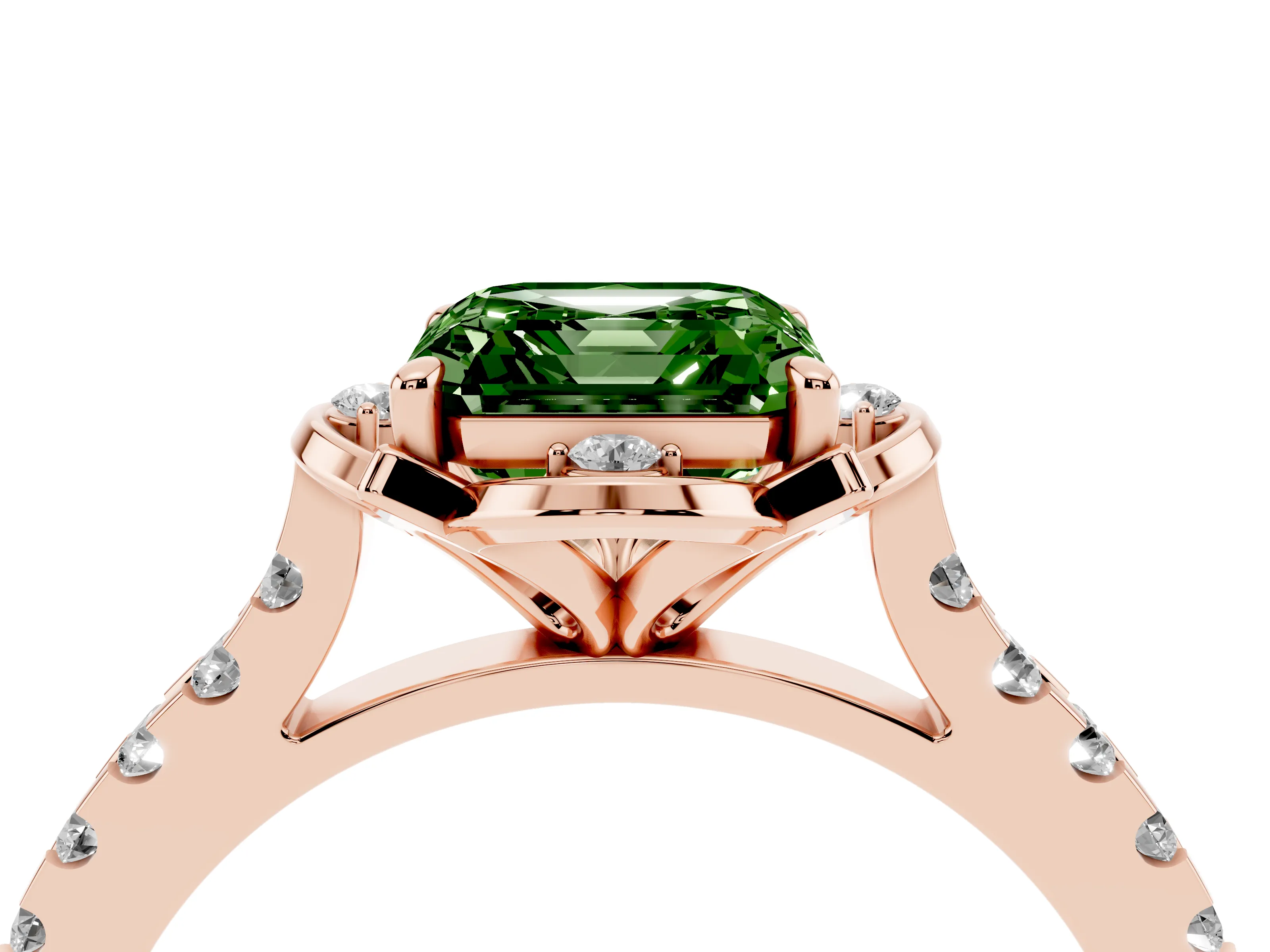 Fancy Green Asscher Cut Diamond Solitaire Ring Set in Rose gold with Pavé Band and Floral Prong Setting