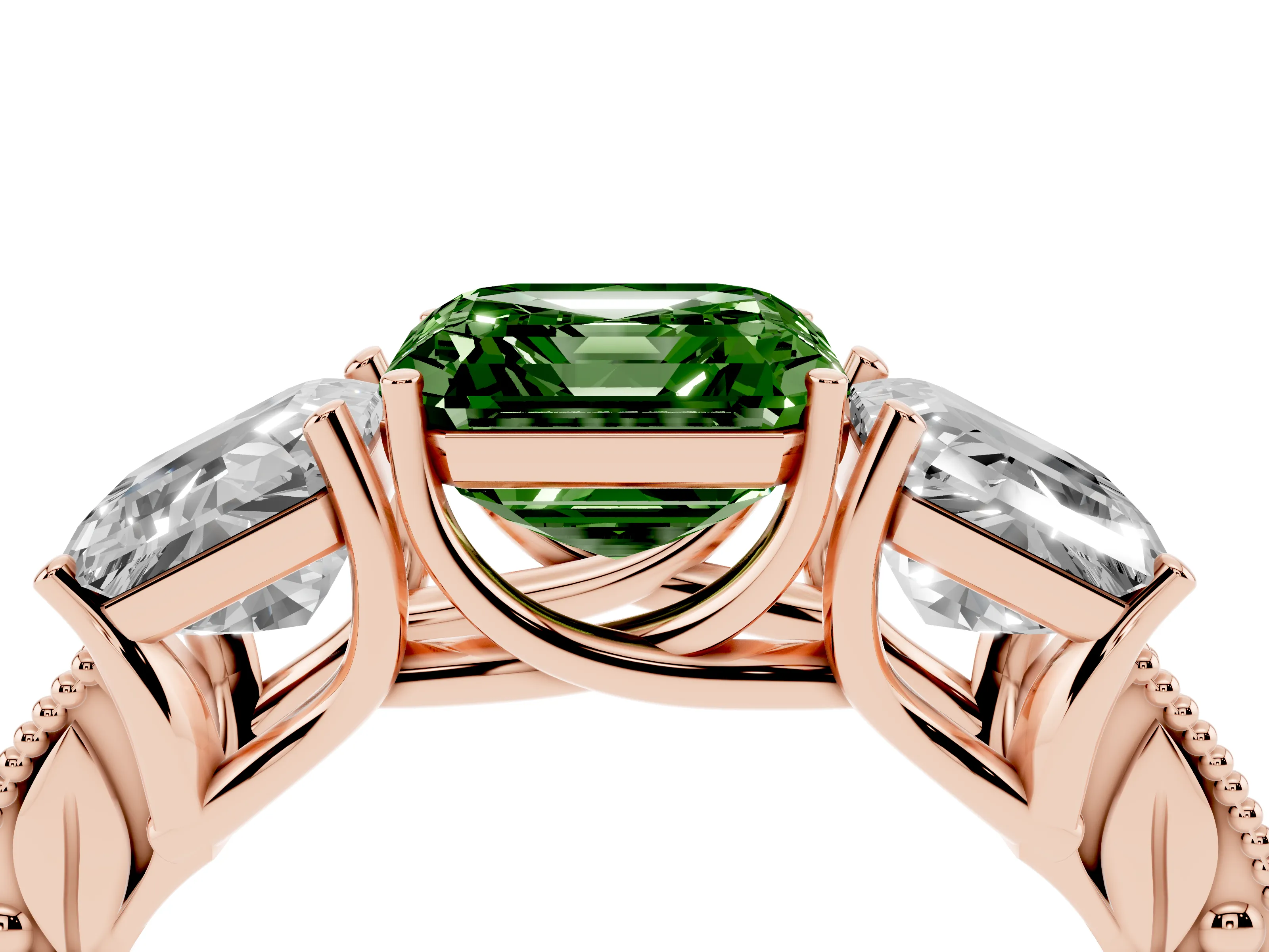 Fancy Green Asscher Cut Diamond Three-Stone Engagement Ring Set in Rose gold with Milgrain Pavé Band