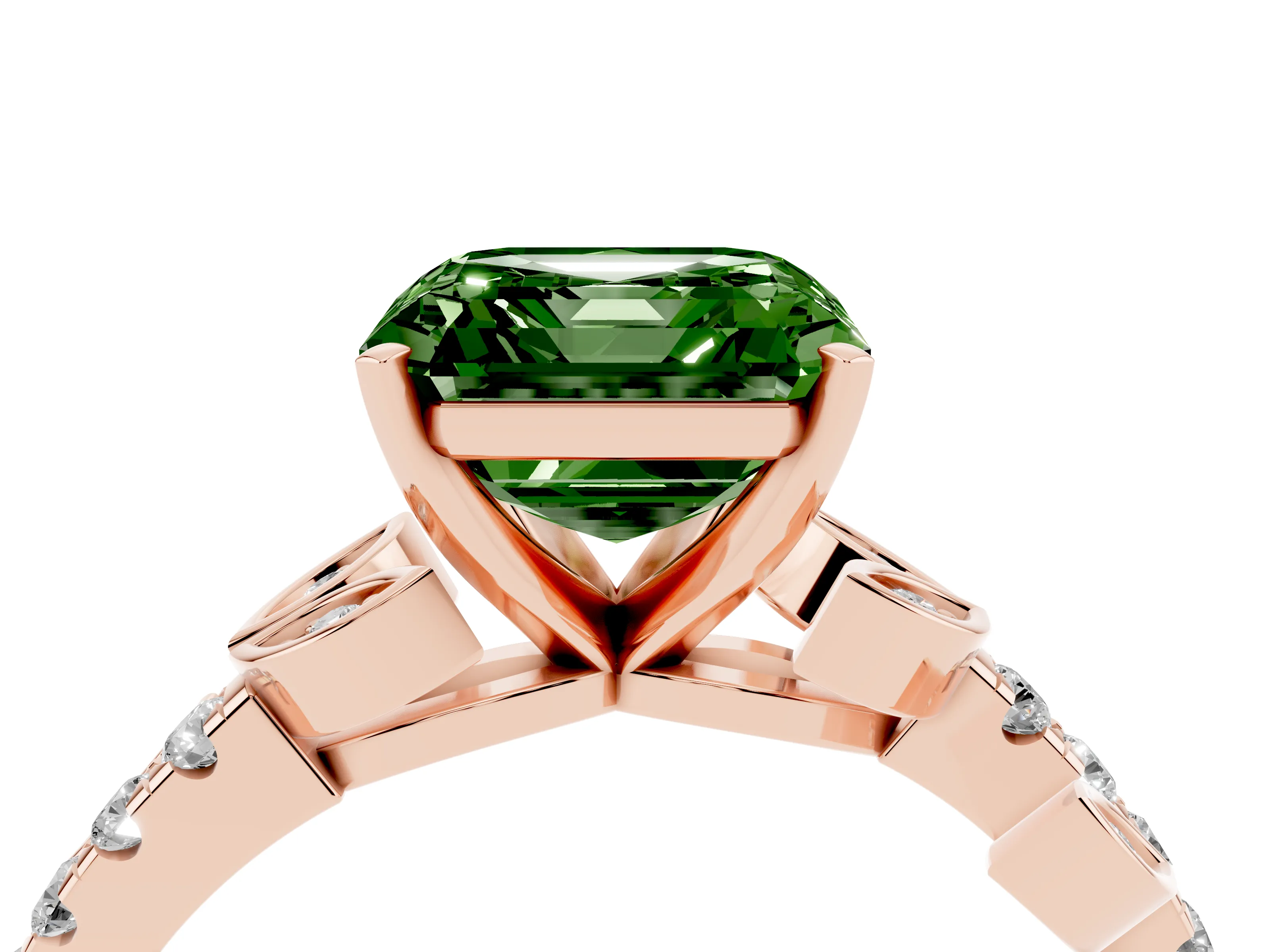 Fancy Green Asscher Cut Diamond Solitaire Leaf-Inspired Ring Set in Rose gold with Pavé Band and Prong Setting