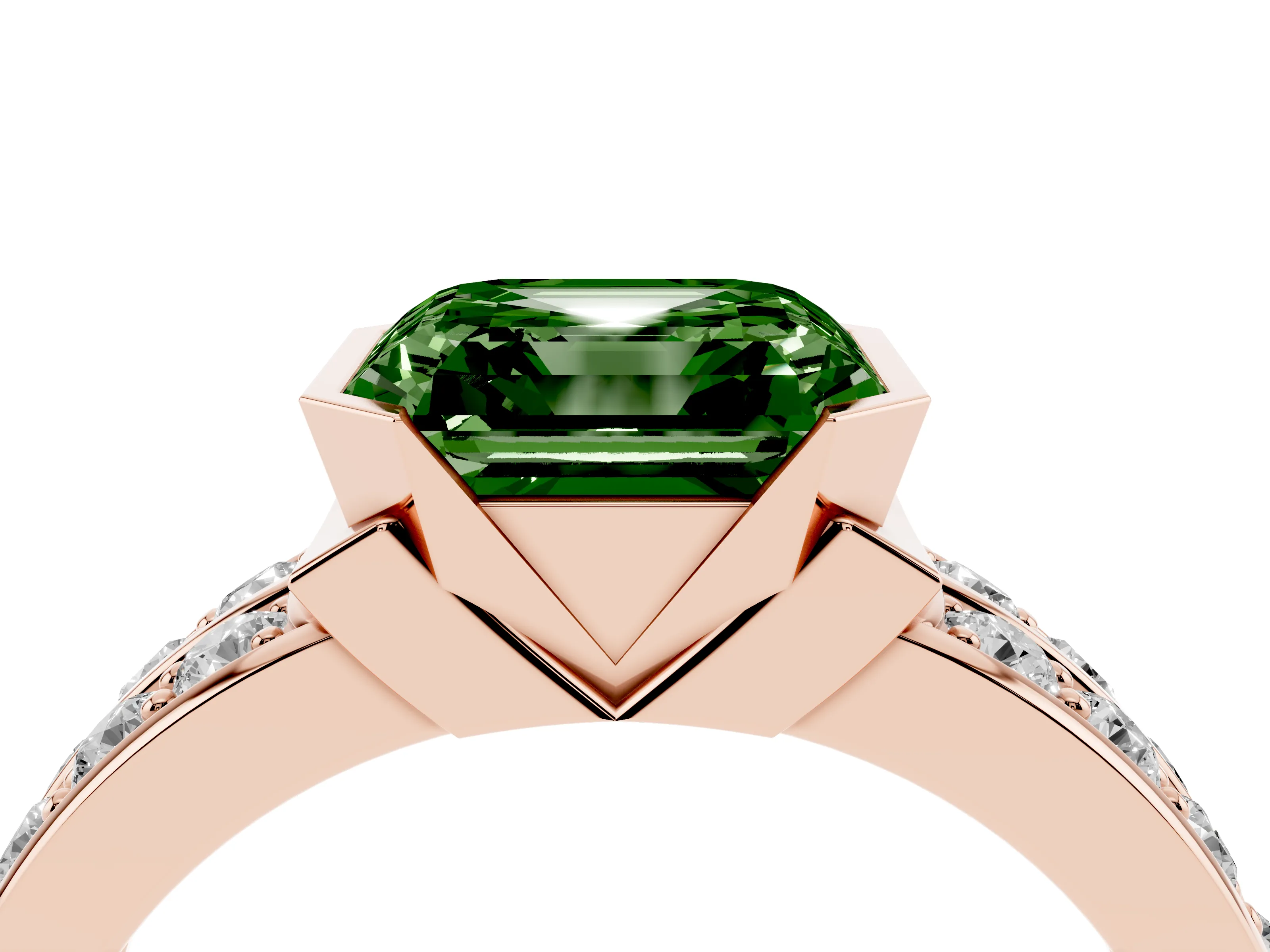 Fancy Green Asscher Cut Diamond Wide Channel Set Band Ring Set in Rose gold with Bezel Setting