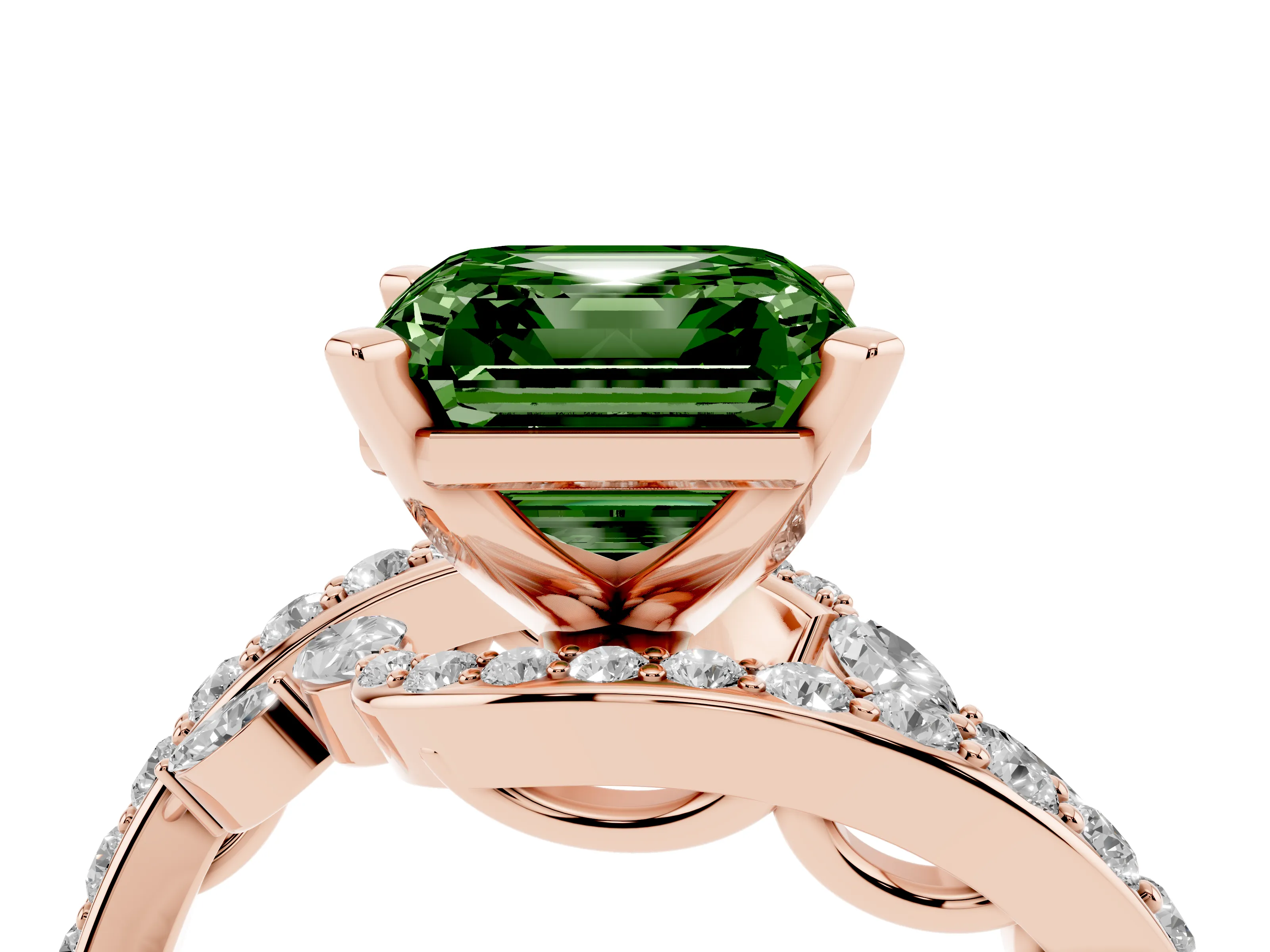 Fancy Green Asscher Cut Diamond Solitaire Ring Set in Rose gold with Pavé Twist Band and Secure Prong Setting