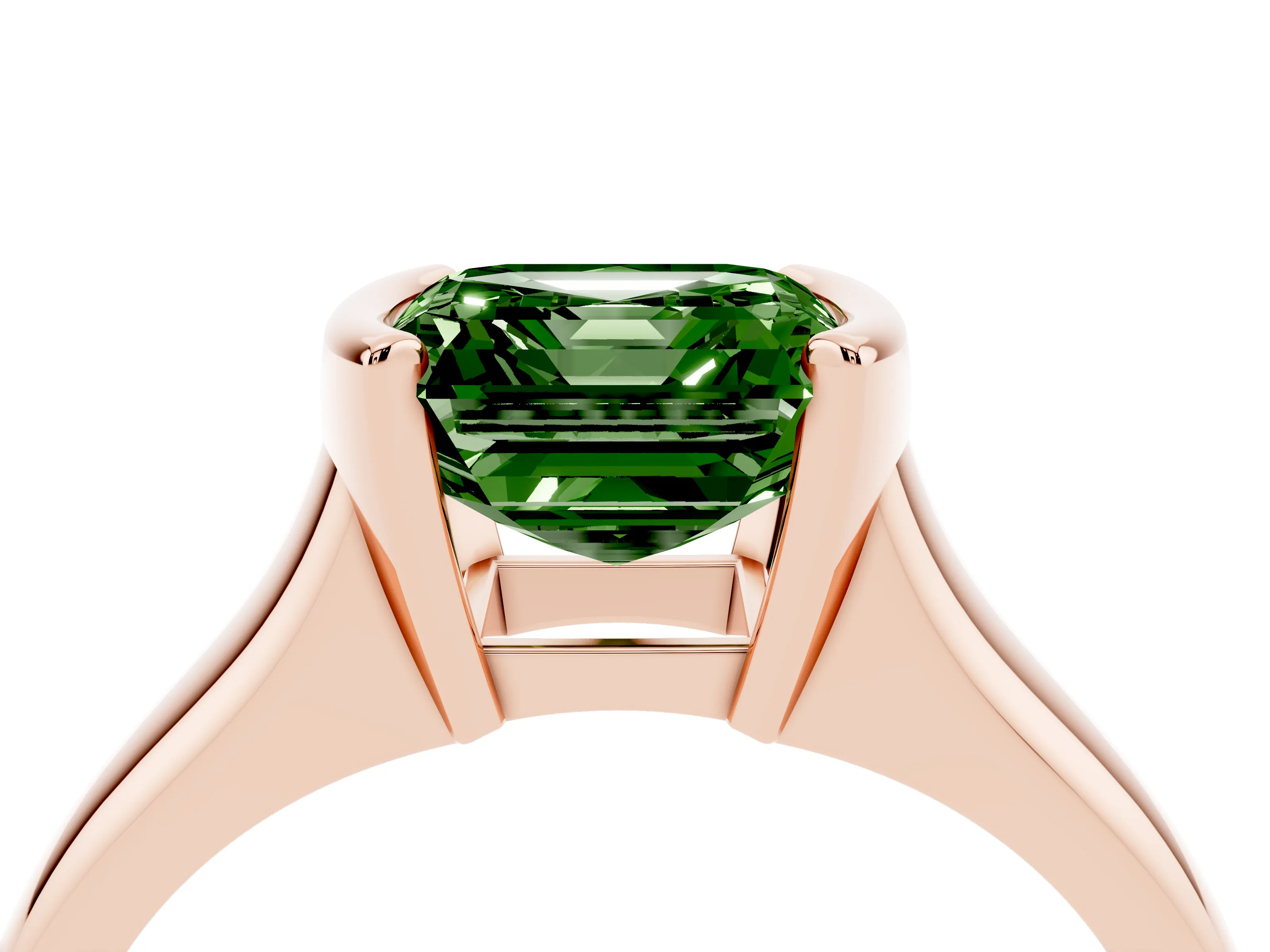 Fancy Green Asscher Cut Diamond Solitaire Tension Set Ring Set in Rose gold with Split Shank Band