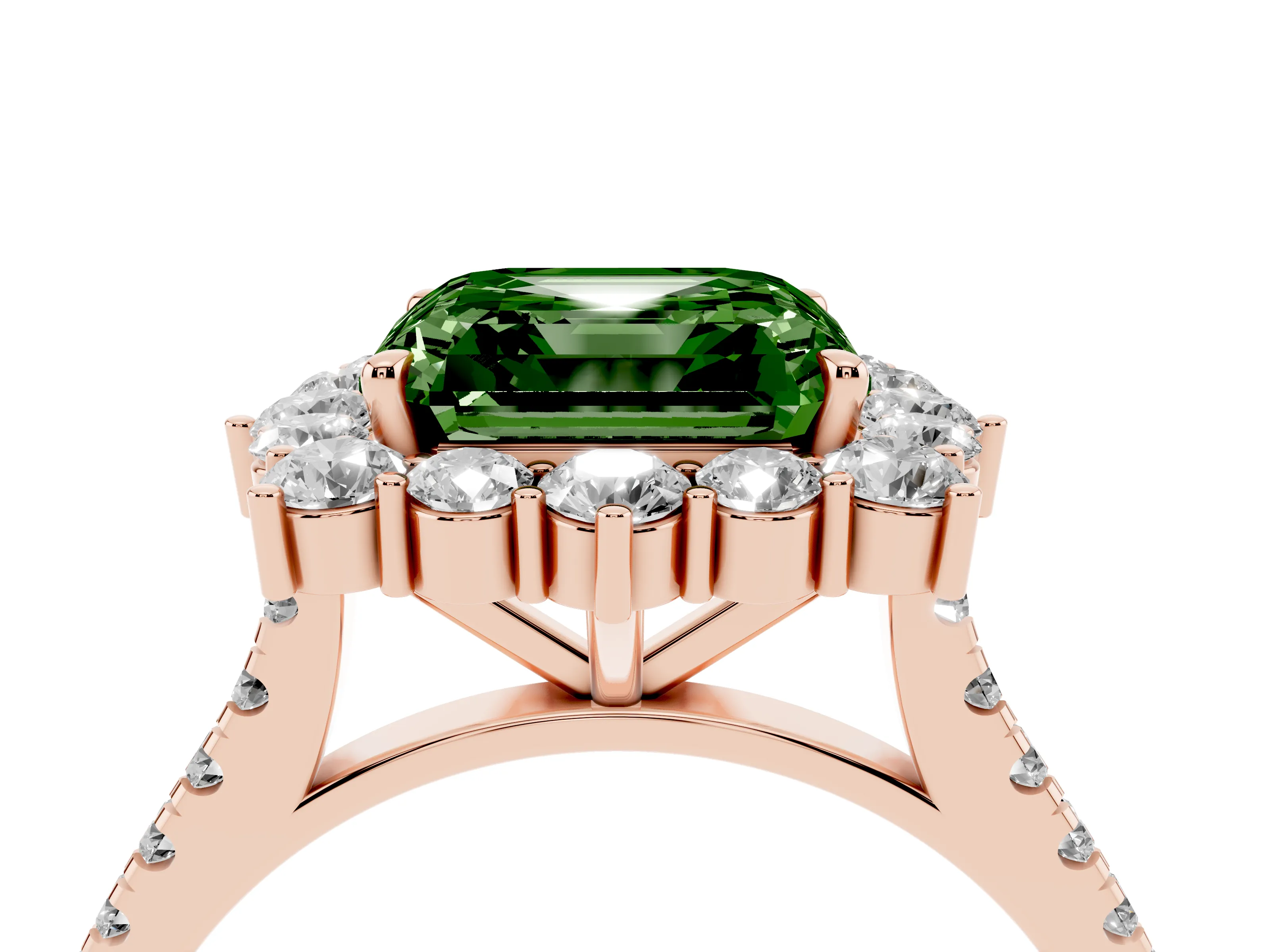 Fancy Green Asscher Cut Diamond Halo Ring Set in Rose gold with Pavé Band and Prong Setting