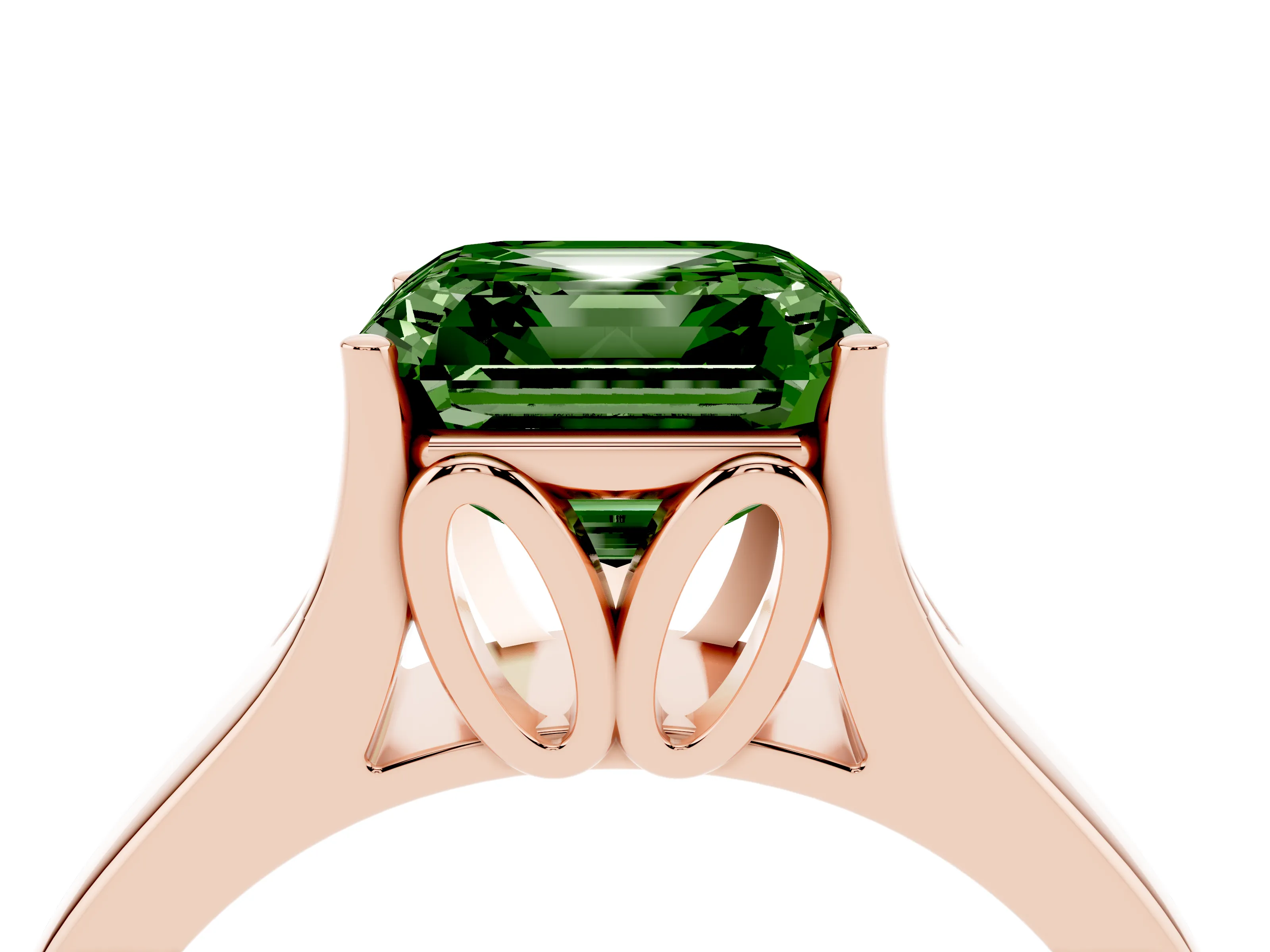 Fancy Green Asscher Cut Diamond Solitaire Ring Set in Rose gold with Arched Cathedral Band and Prong Setting