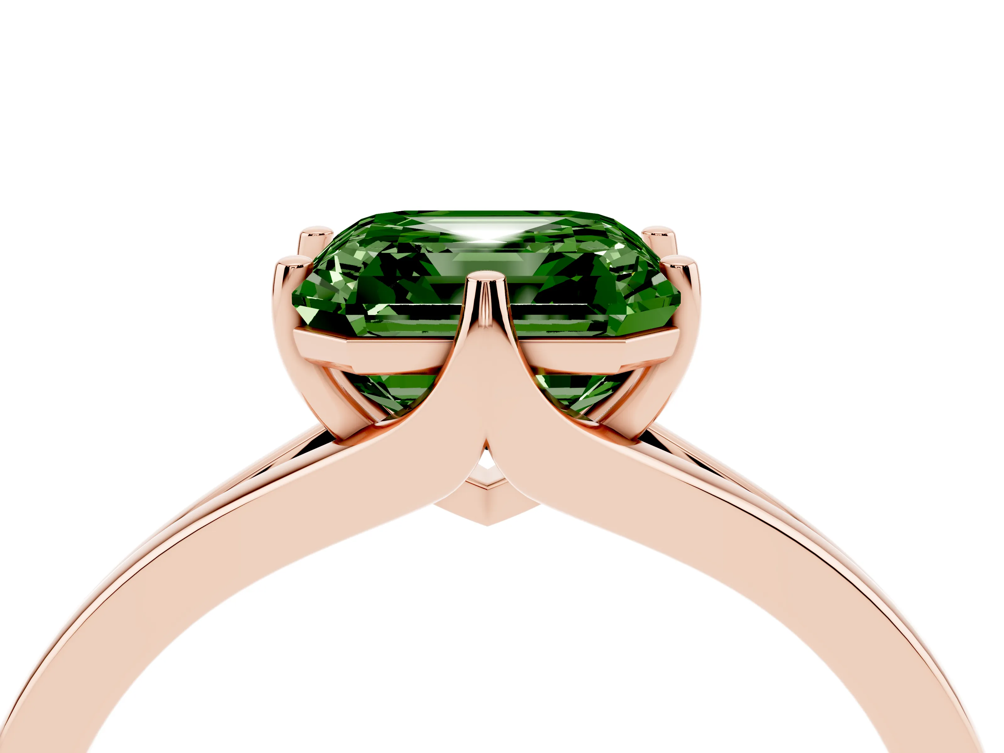 Fancy Green Asscher Cut Diamond Solitaire Ring Set in Rose gold with Polished Tapered Band and Prong Setting