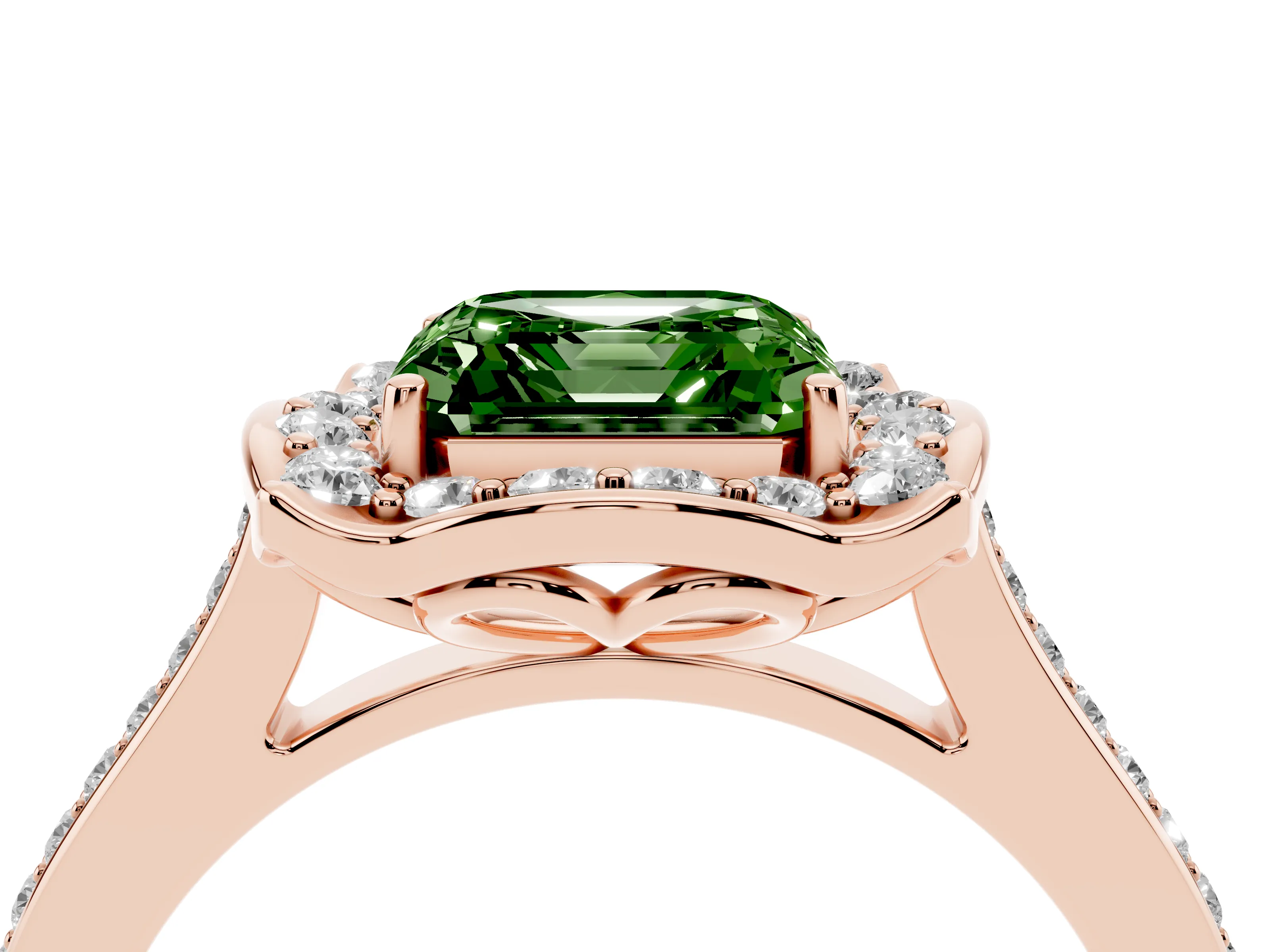 Fancy Green Asscher Cut Diamond Halo Ring Set in Rose gold with Pavé-Lined Shoulders and Prong Setting