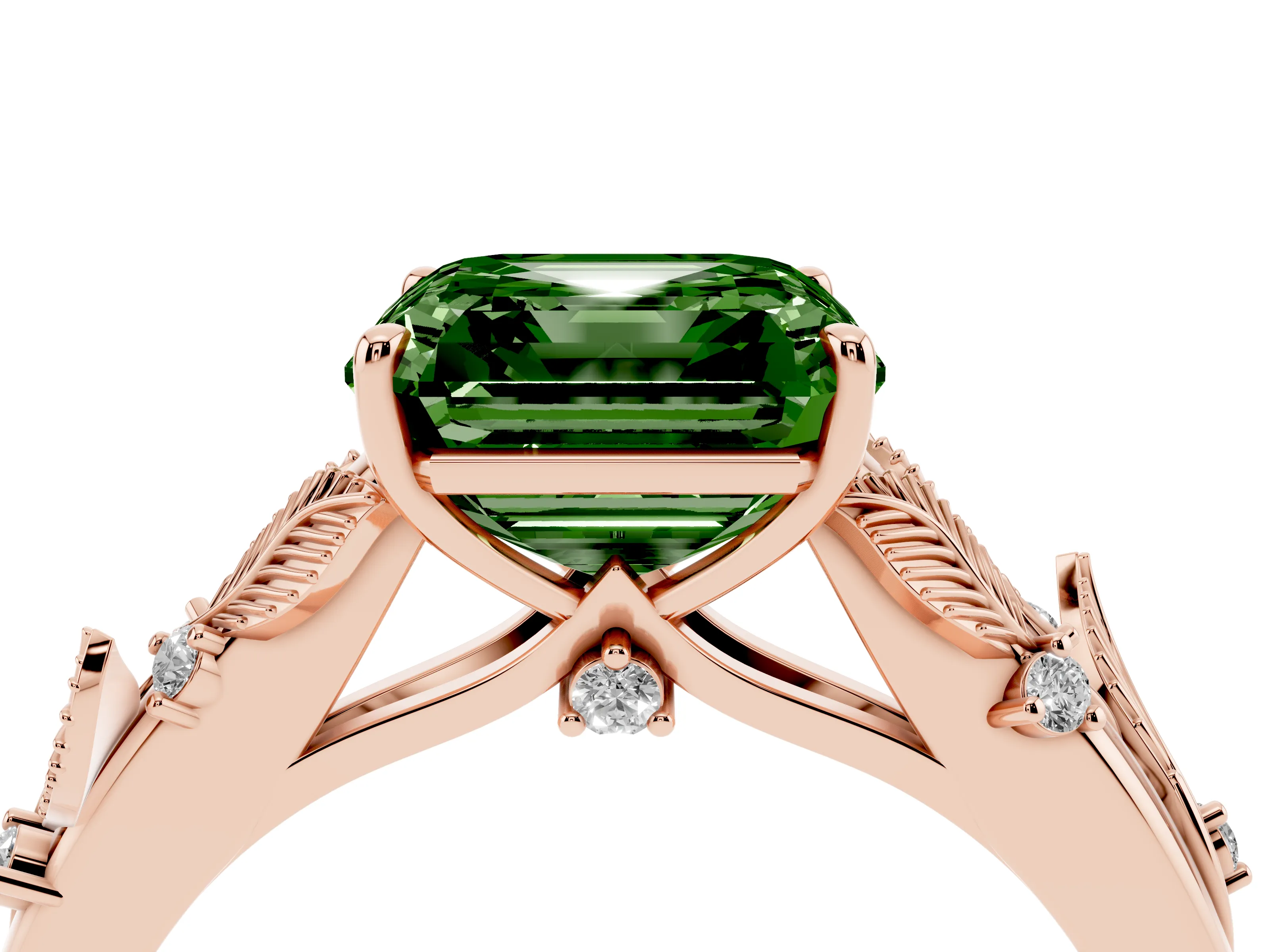 Fancy Green Asscher Cut Diamond Solitaire Ring Set in Rose gold with Leaf Motif Band