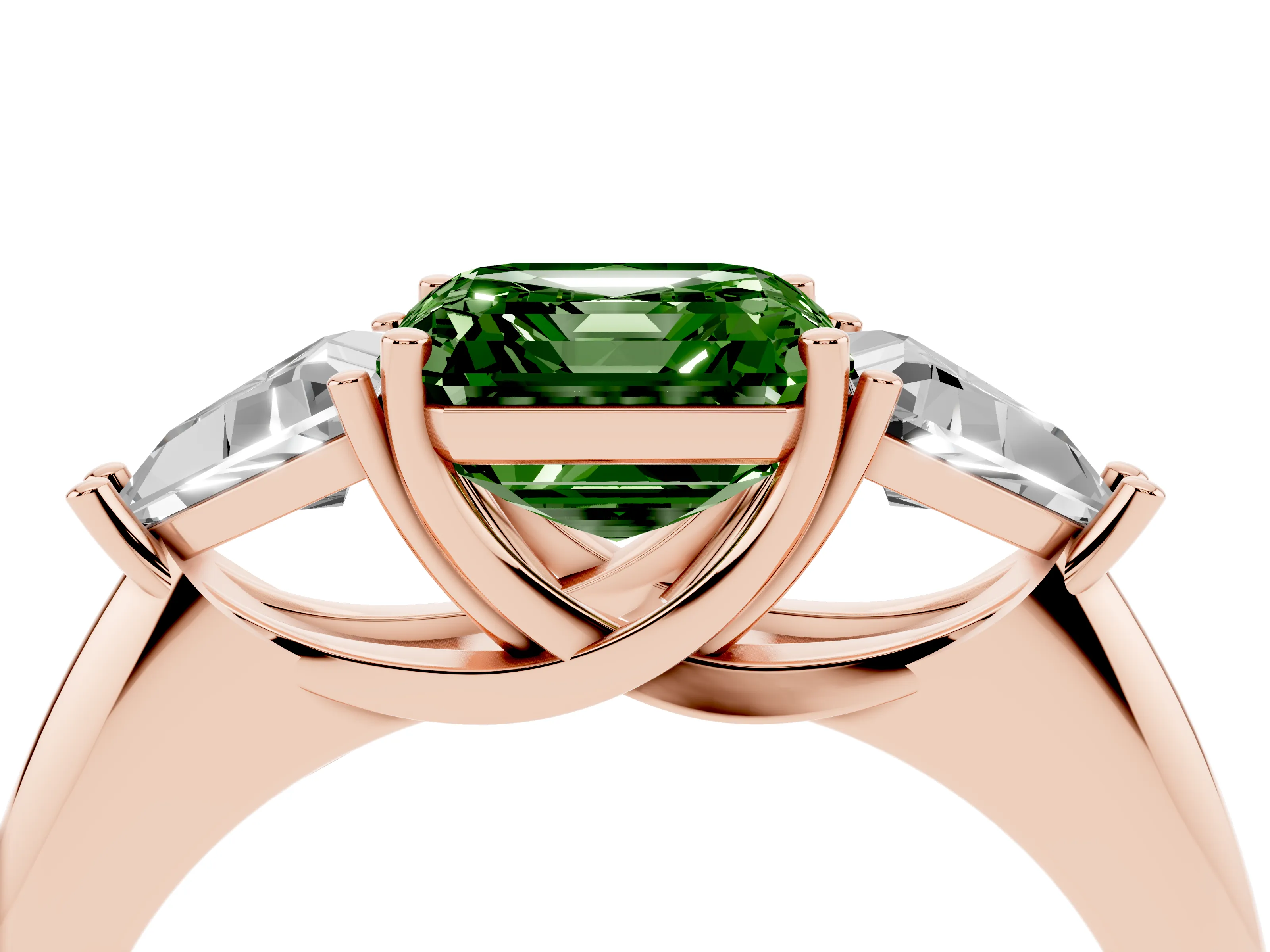 Fancy Green Asscher Cut Diamond Three-Stone Engagement Ring Set in Rose gold with Trillion Side Stones