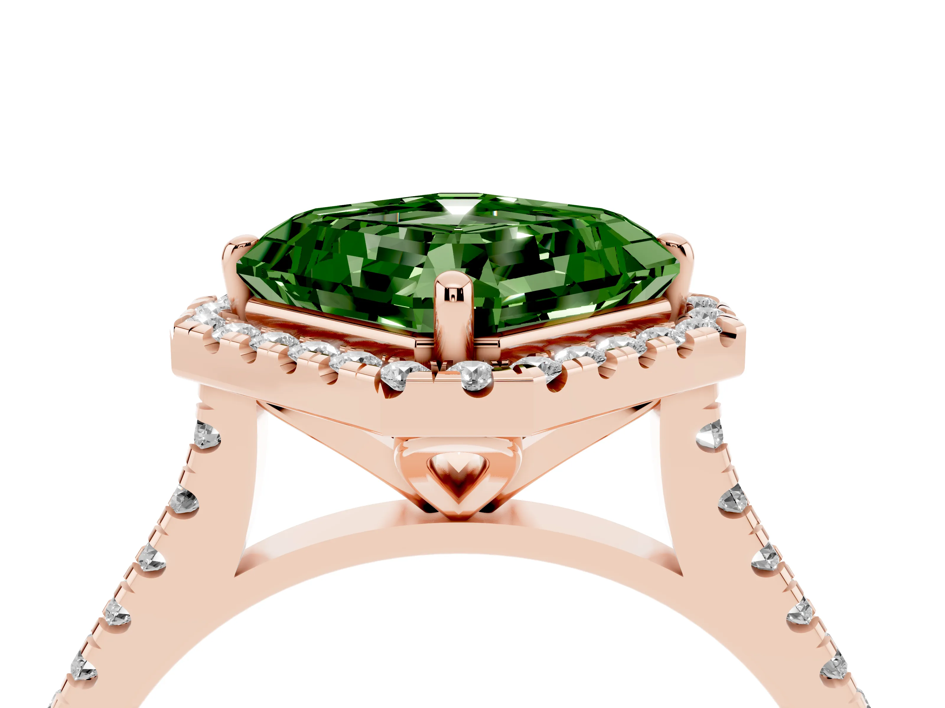 Fancy Green Asscher Cut Diamond Cushion Halo Ring Set in Rose gold with Pavé Band