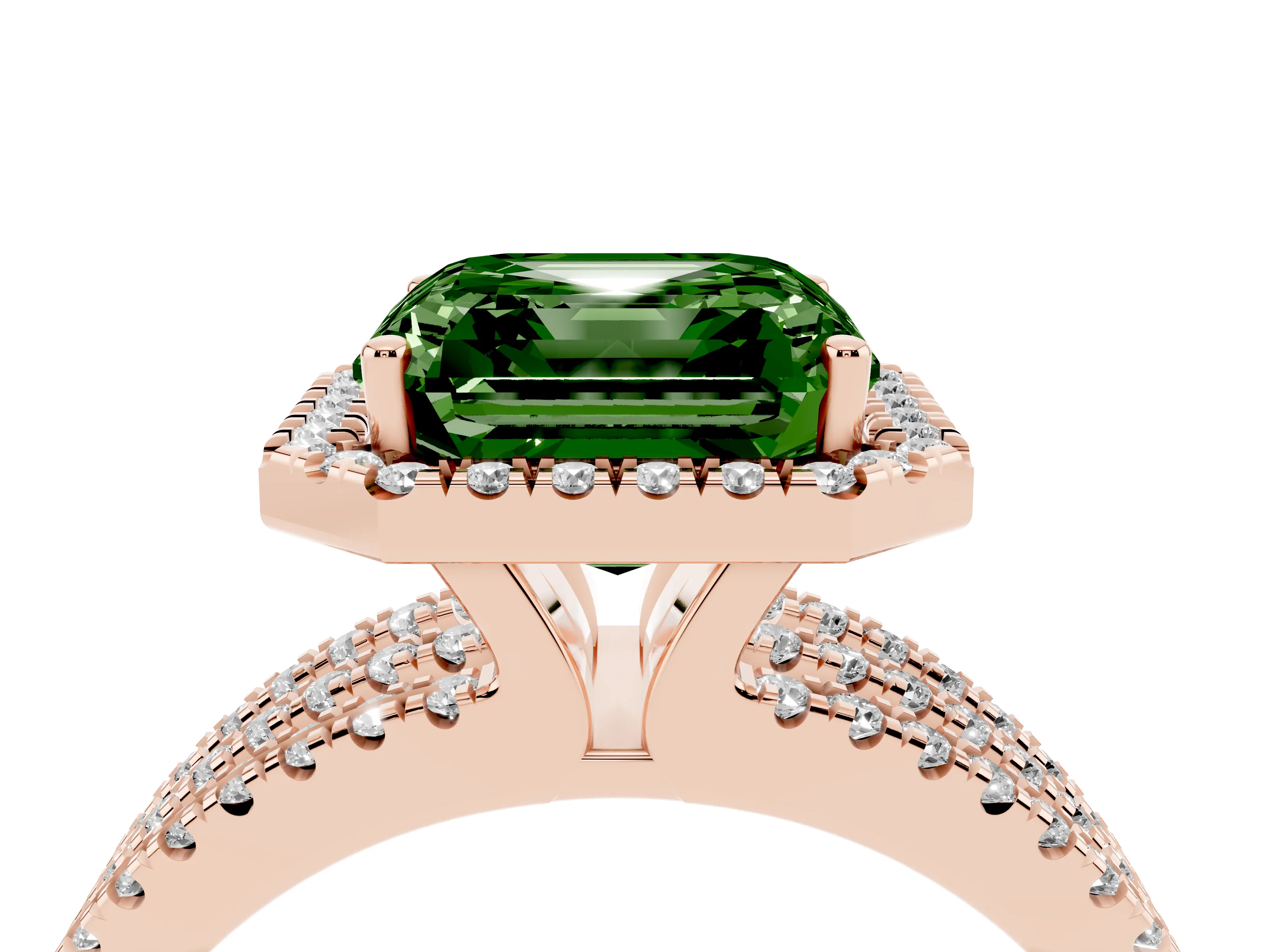 Fancy Green Asscher Cut Diamond Halo Split Shank Engagement Ring Set in Rose gold with Prong Setting