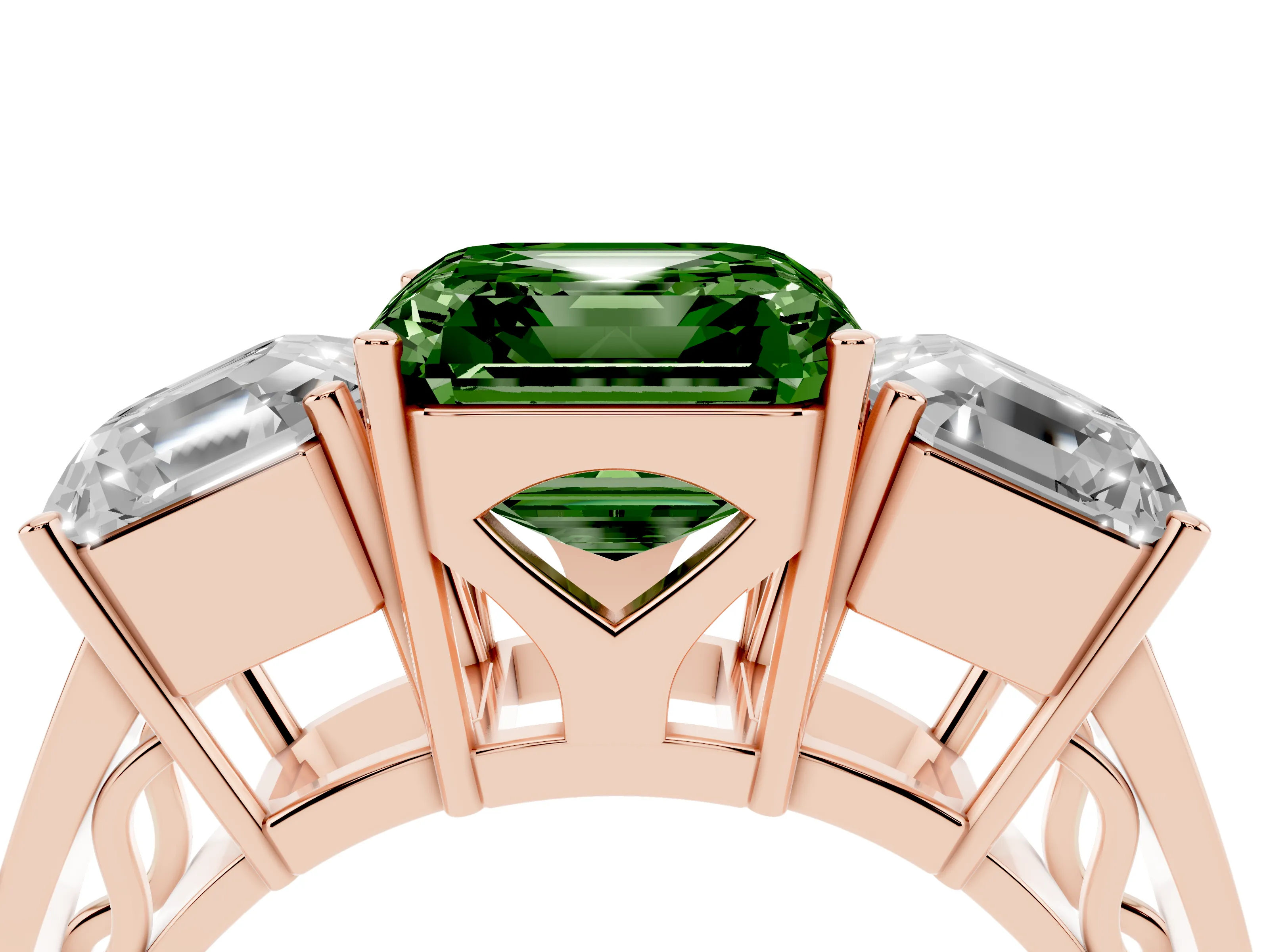 Fancy Green Asscher Cut Diamond Three-Stone Ring Set in Rose gold with Textured Band