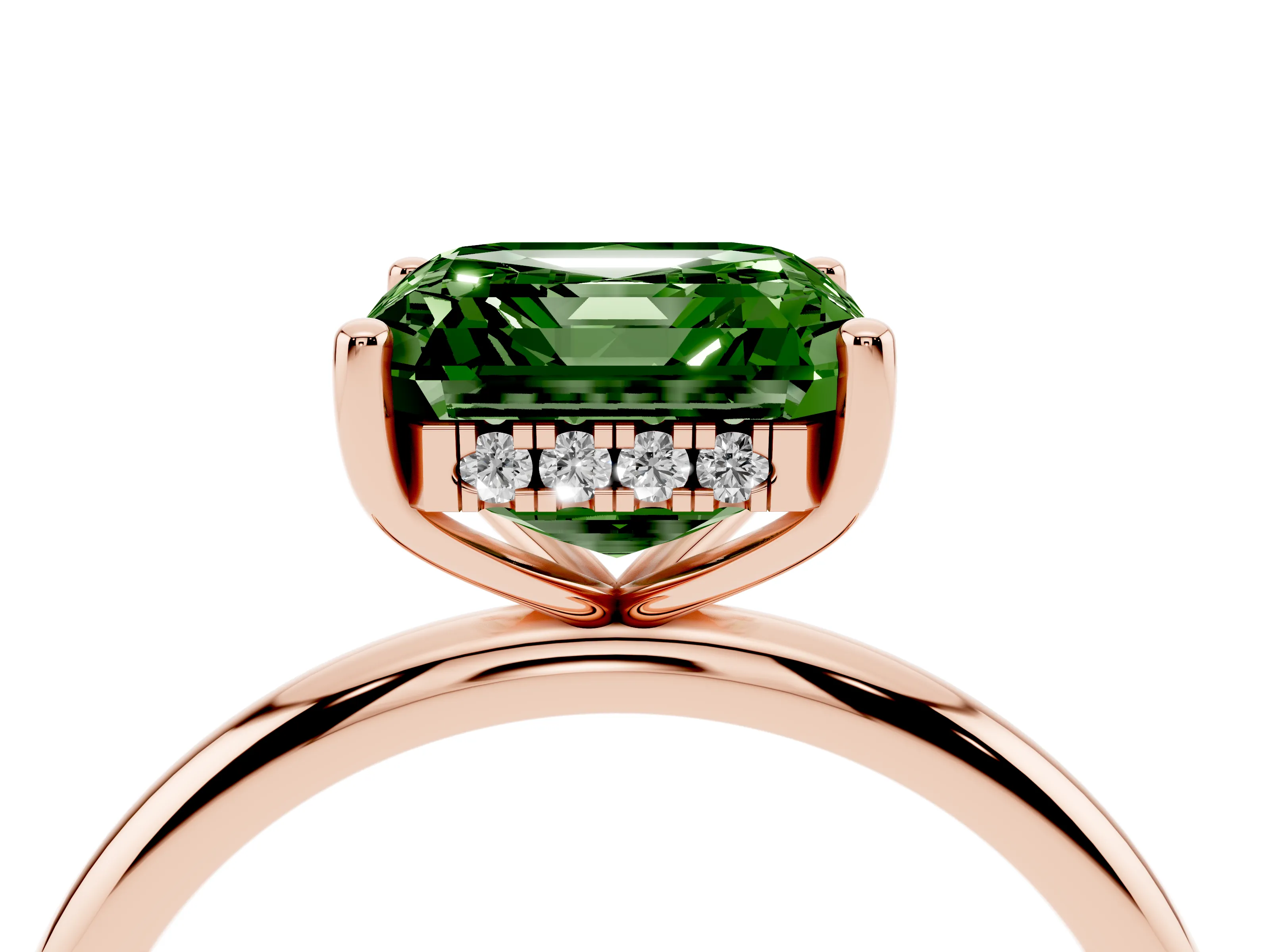 Fancy Green Asscher Cut Diamond Solitaire Engagement Ring Set in Rose gold with Prong Setting and Polished Band
