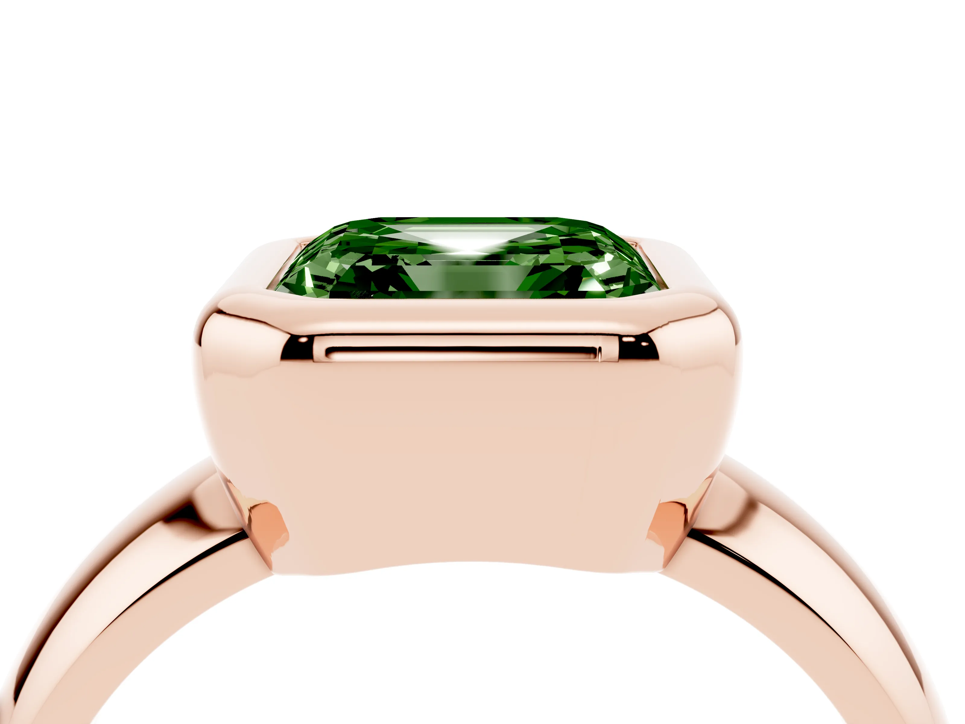 Fancy Green Bezel Set Asscher Cut Diamond Solitaire Ring Set in Rose gold with Wide Band