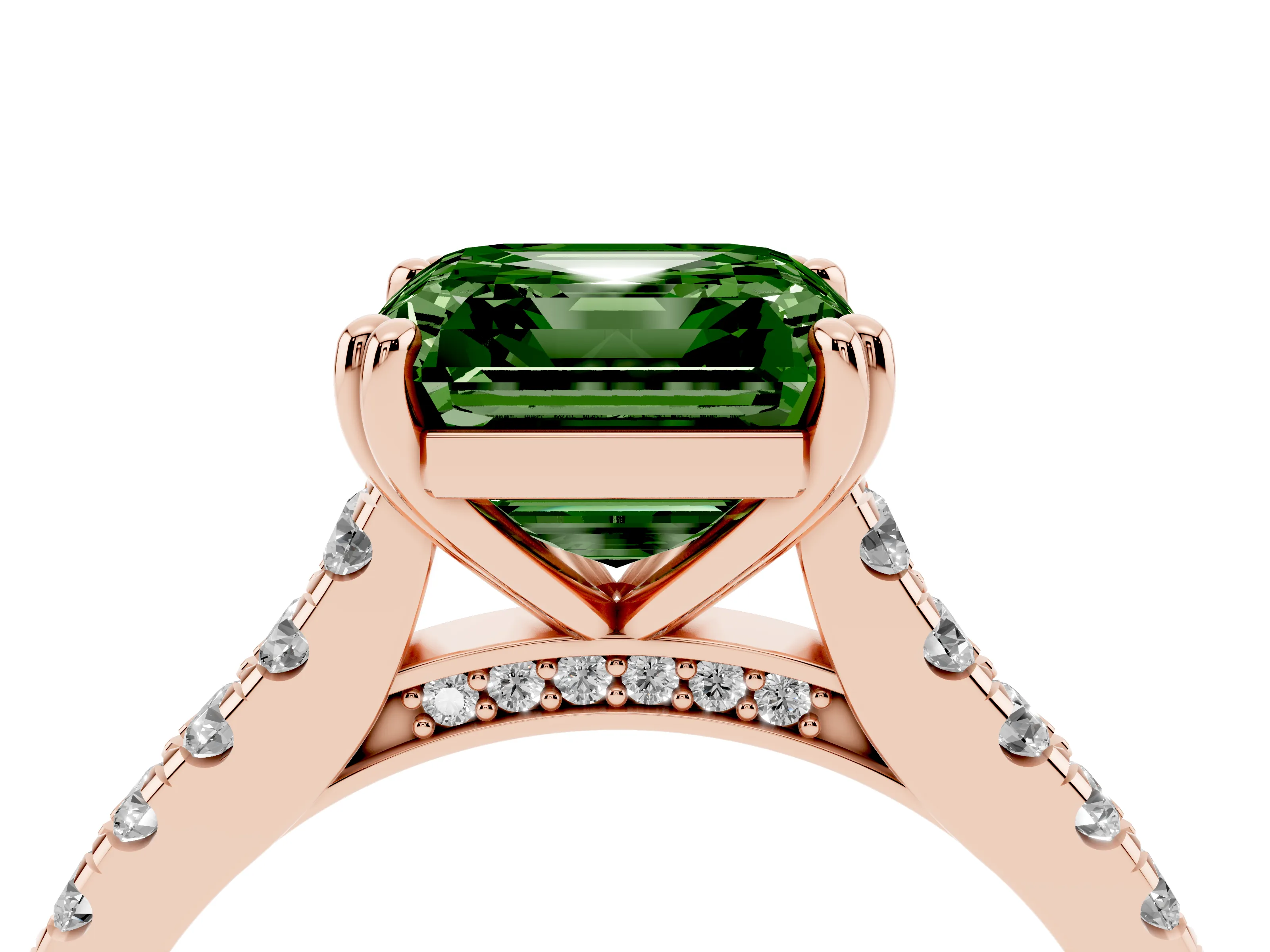 Fancy Green Asscher Cut Diamond Solitaire Engagement Ring Set in Rose gold with Pavé Accents and Prong Setting