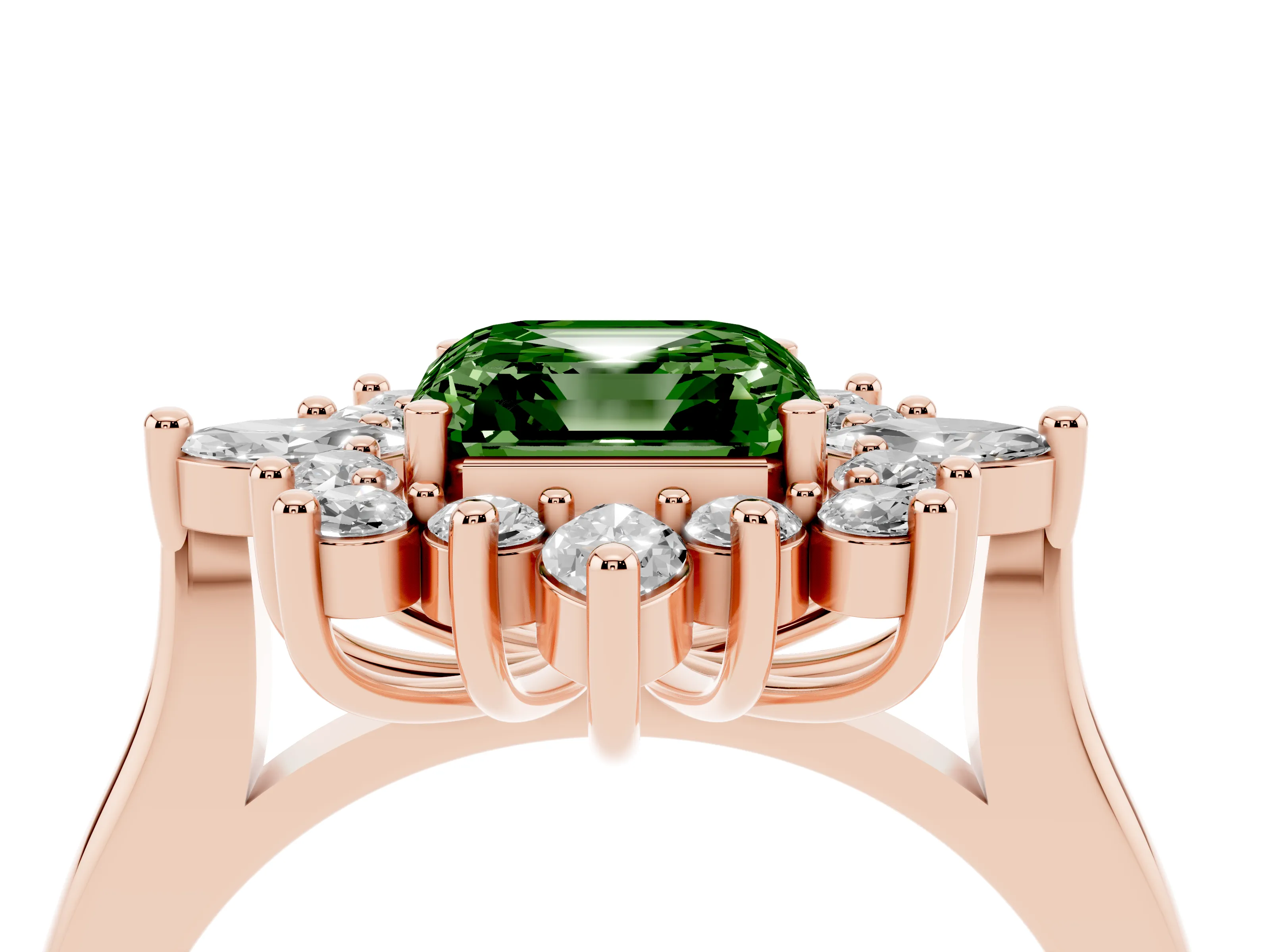 Fancy Green Asscher Cut Diamond Cluster Halo Ring Set in Rose gold with Marquise and Round Accents