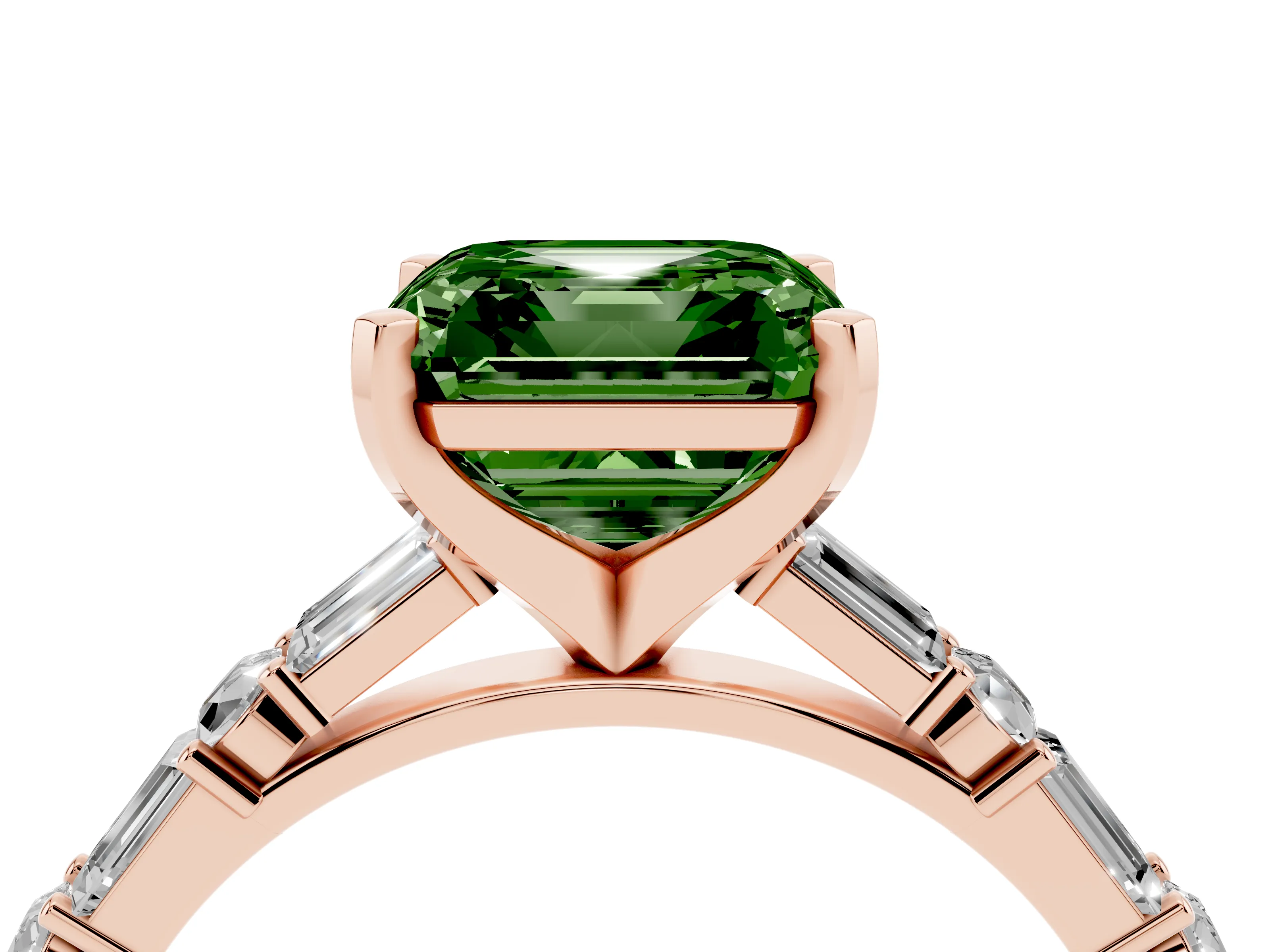 Fancy Green Asscher Cut Diamond Solitaire Set in Rose gold with Side Baguettes and Channel Set Band