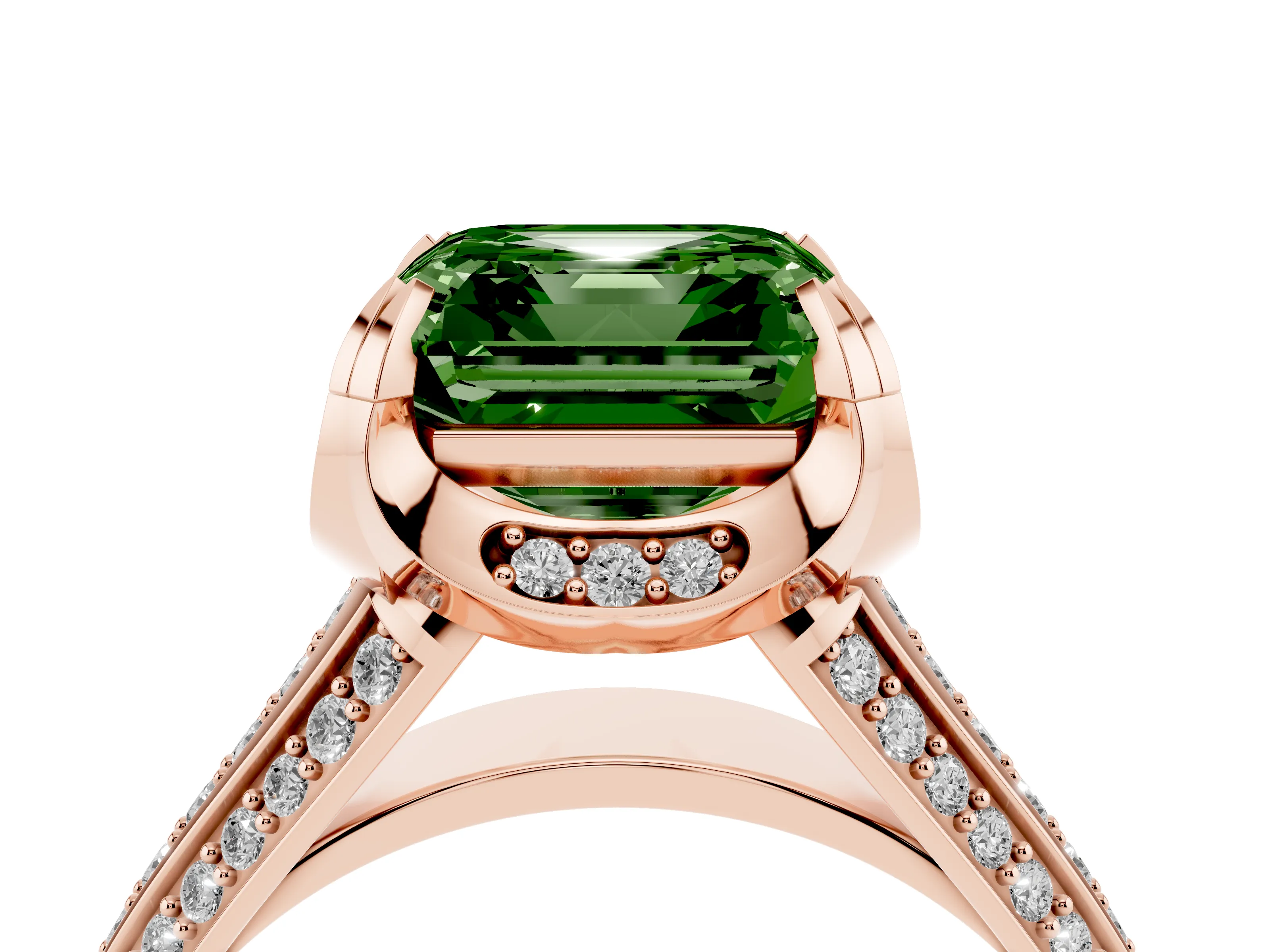 Fancy Green Asscher Cut Diamond Pavé Split Shank Solitaire Ring Set in Rose gold with Prong Setting