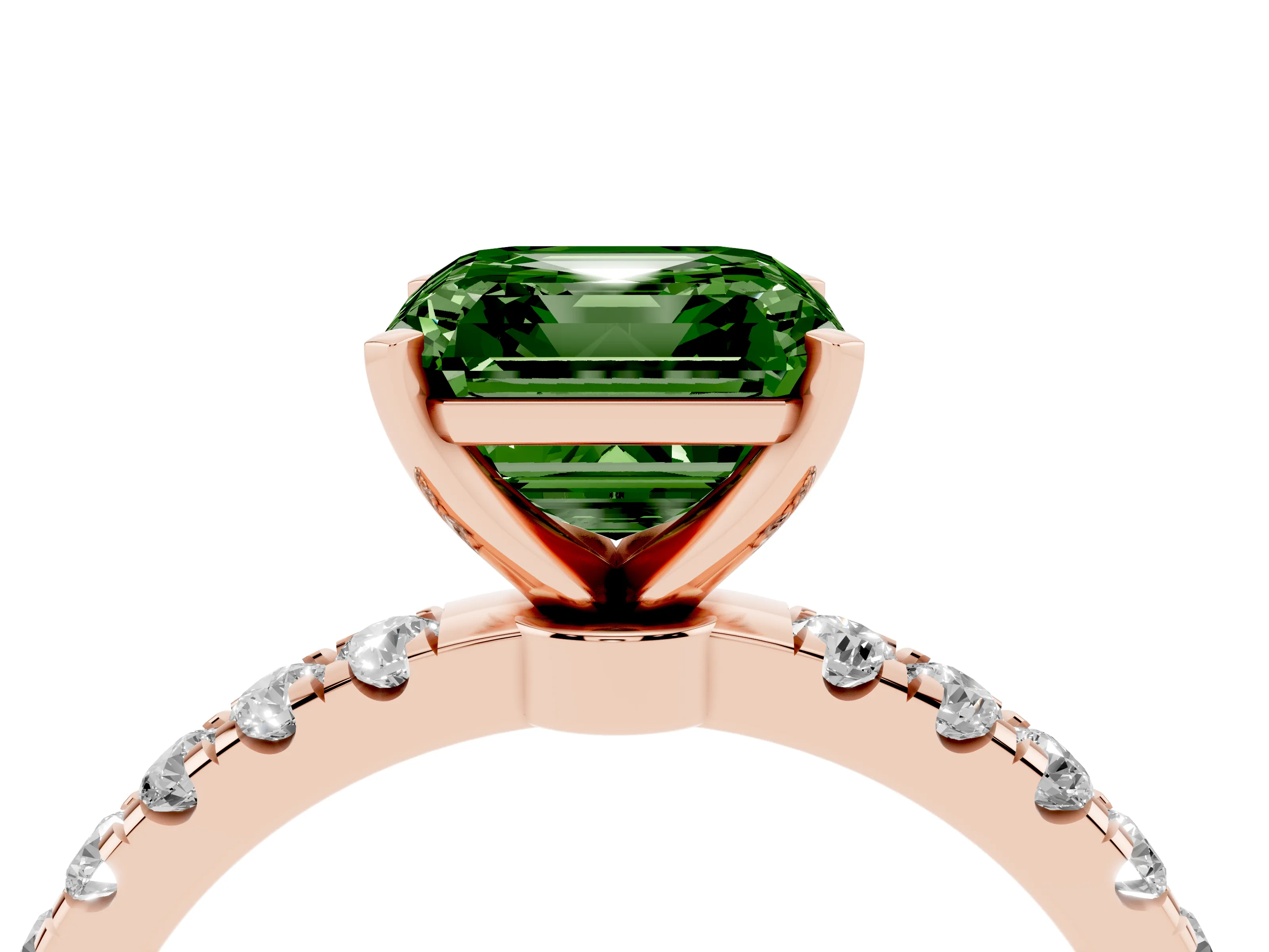 Fancy Green Asscher Cut Diamond Solitaire Ring Set in Rose gold with Pavé Accents and Prong Setting