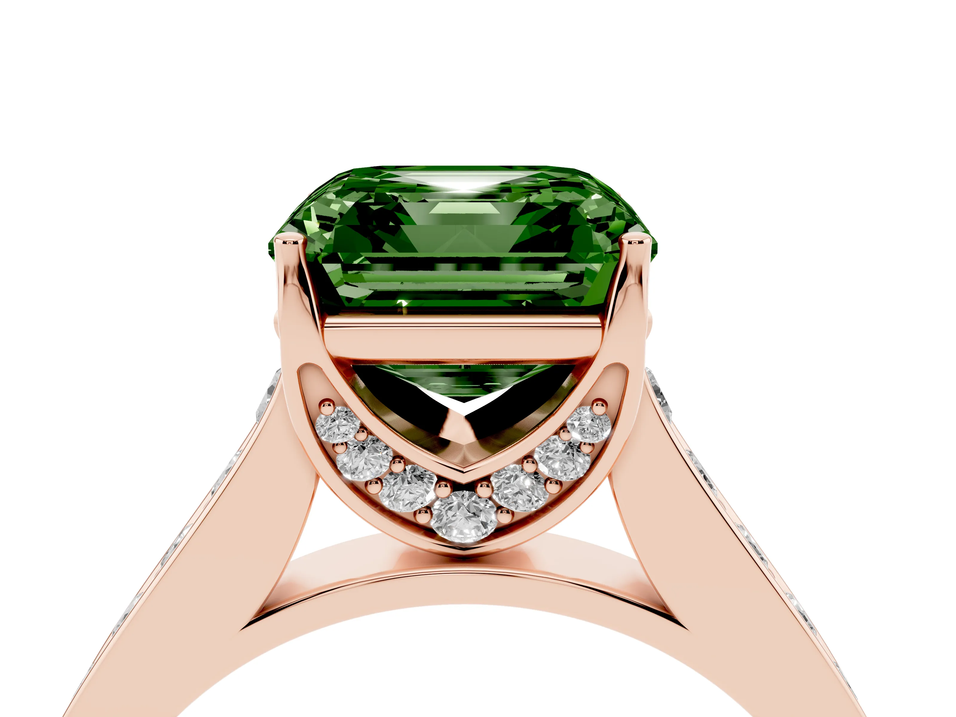 Fancy Green Asscher Cut Diamond Solitaire Pavé Engagement Ring Set in Rose gold with Prong Setting