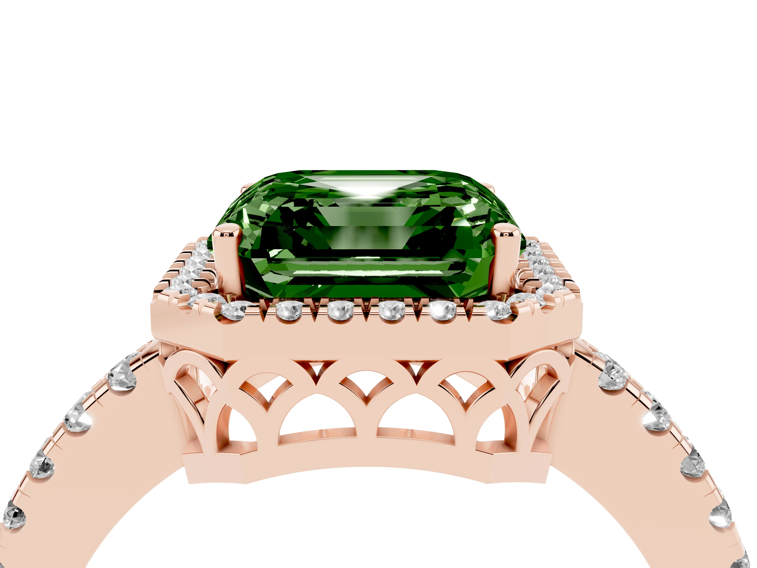 Fancy Green Asscher Cut Diamond Pavé Band Halo Engagement Ring Set in Rose gold with Prong Setting
