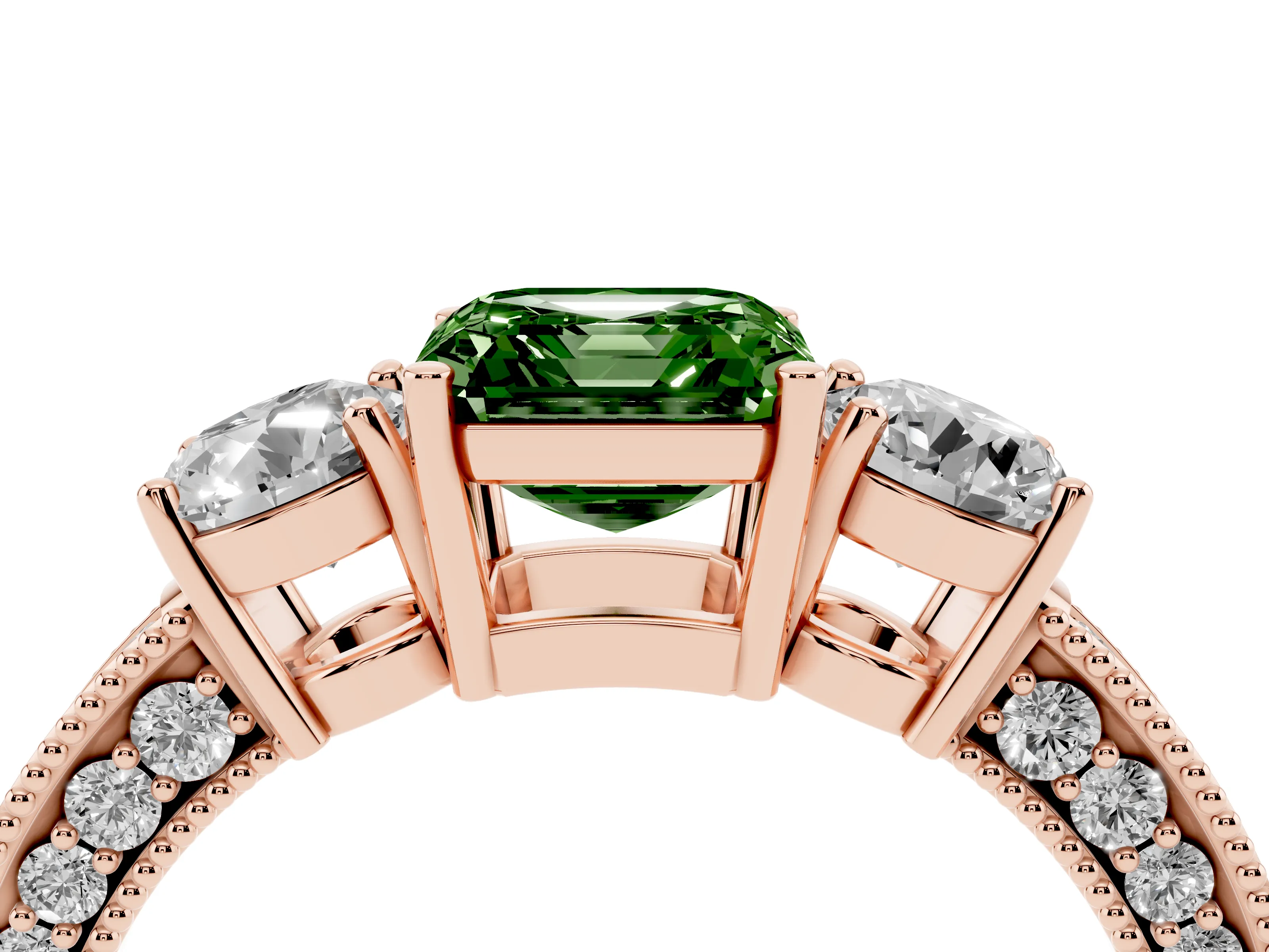 Fancy Green Asscher Cut Diamond Three-Stone Ring Set in Rose gold with Round Side Stones and Pavé Band