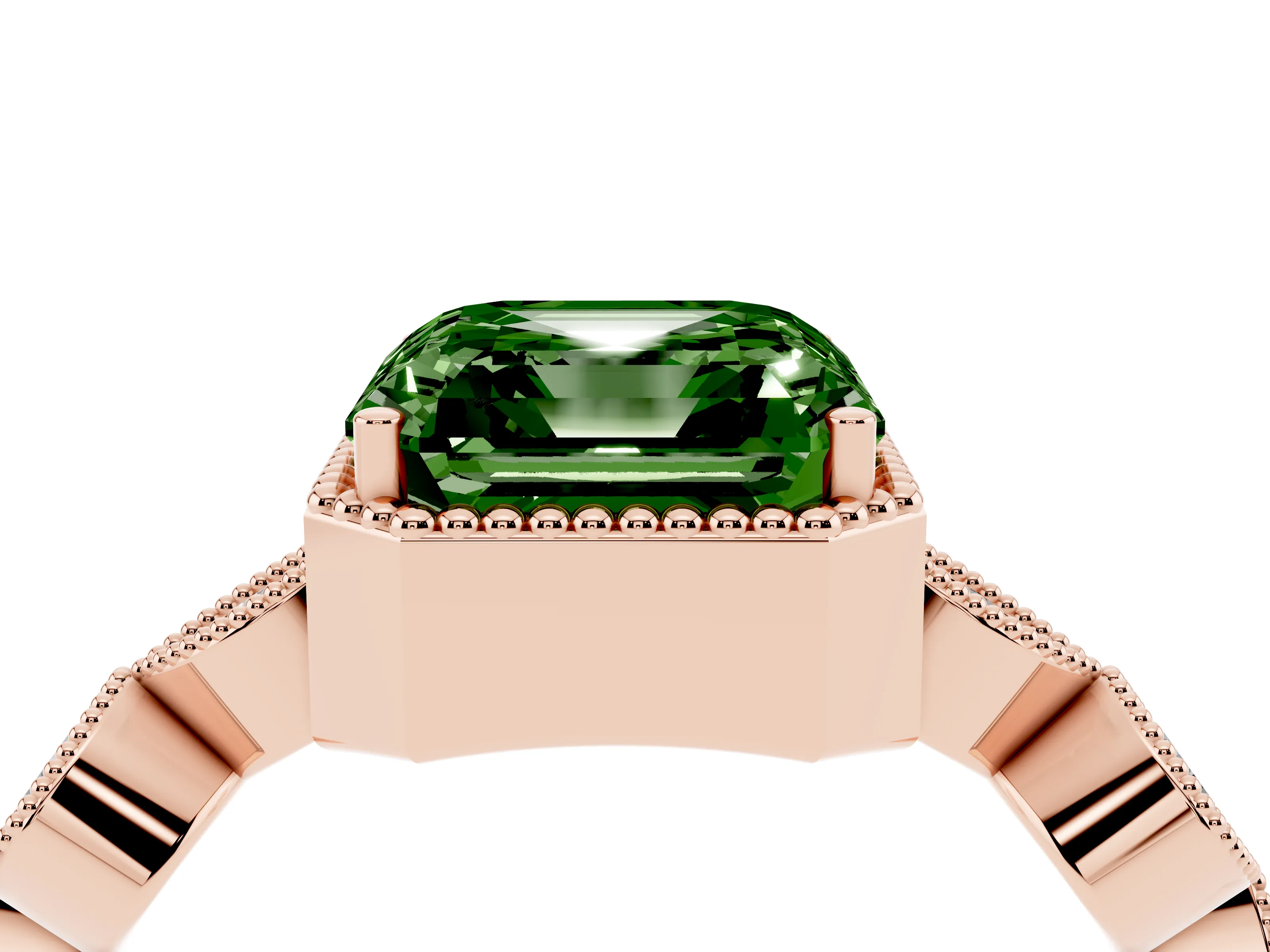 Fancy Green Asscher Cut Diamond Vintage-Inspired Milgrain Ring Set in Rose gold with Marquise Stations of Round Accents